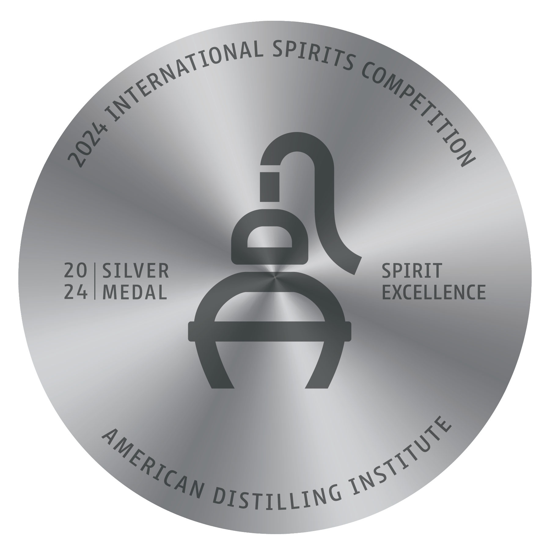 Silver medal awarded at the 2024 International Spirits Competition, hosted by the American Distilling Institute, with a stylized logo in the center and text indicating excellence.