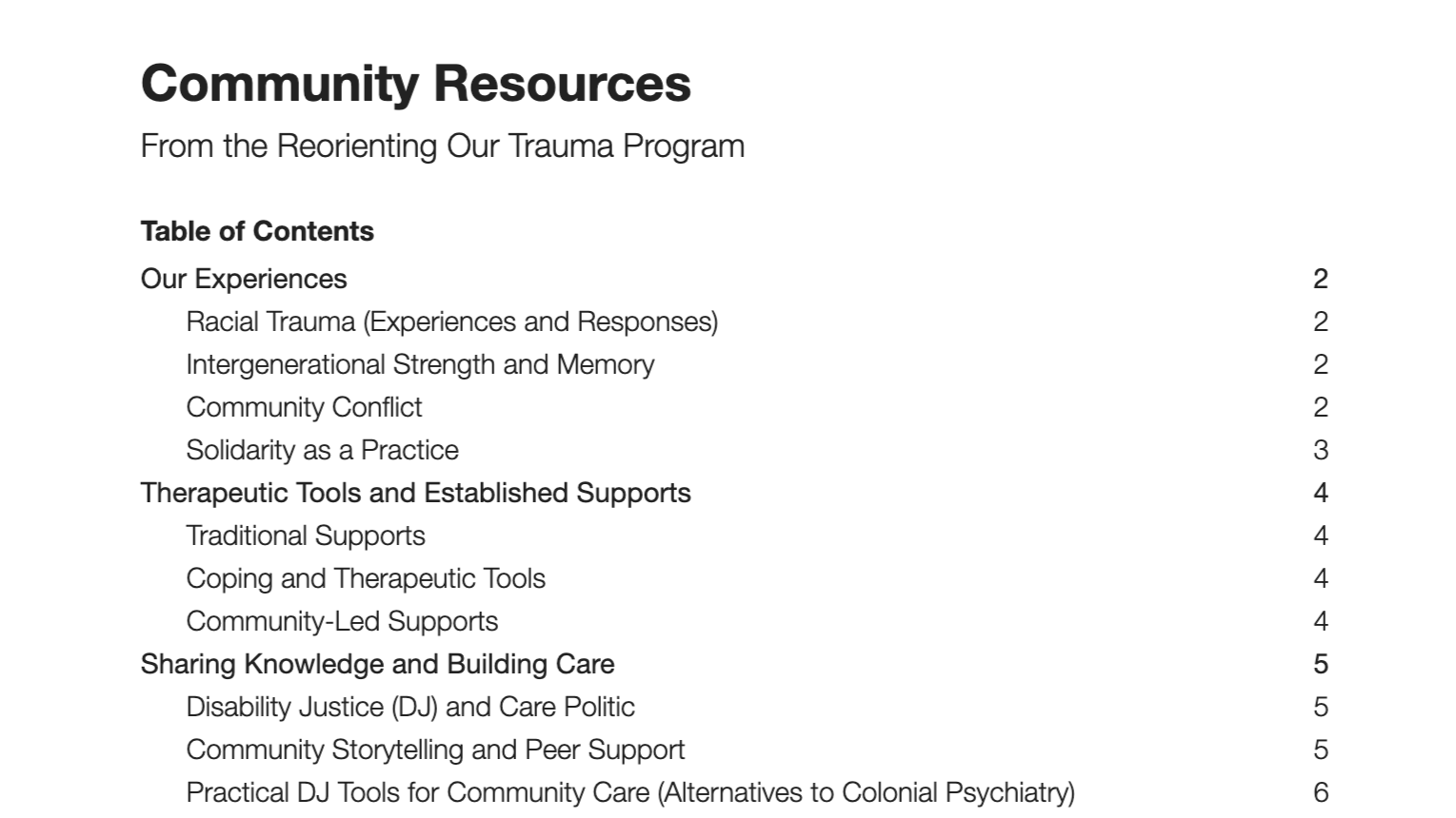 Reorienting Our Trauma: Community Resources