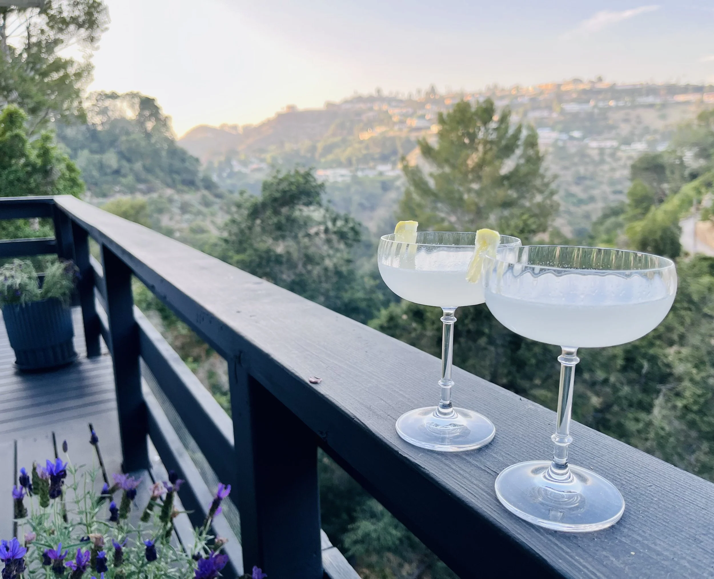 Two cocktails with lemon wedges on a balcony overlooking a hilly, green landscape at sunset.