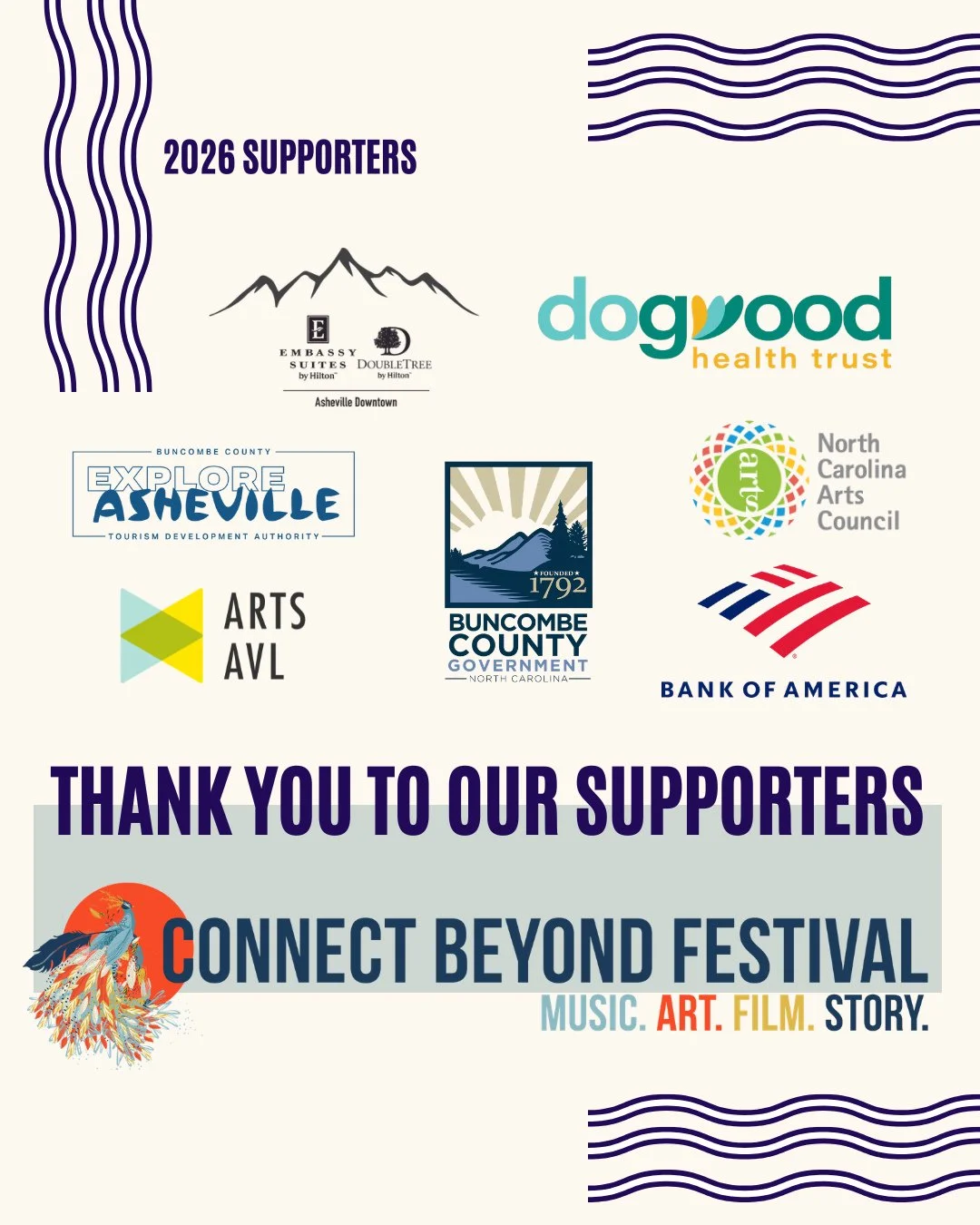 As a nonprofit organization, Connect Beyond Festival depends on the support of organizations, companies and individual donors. This year's festival and its related programming were made possible by several key supporters:⁠
⁠
Dogwood Health Trust⁠
Ban