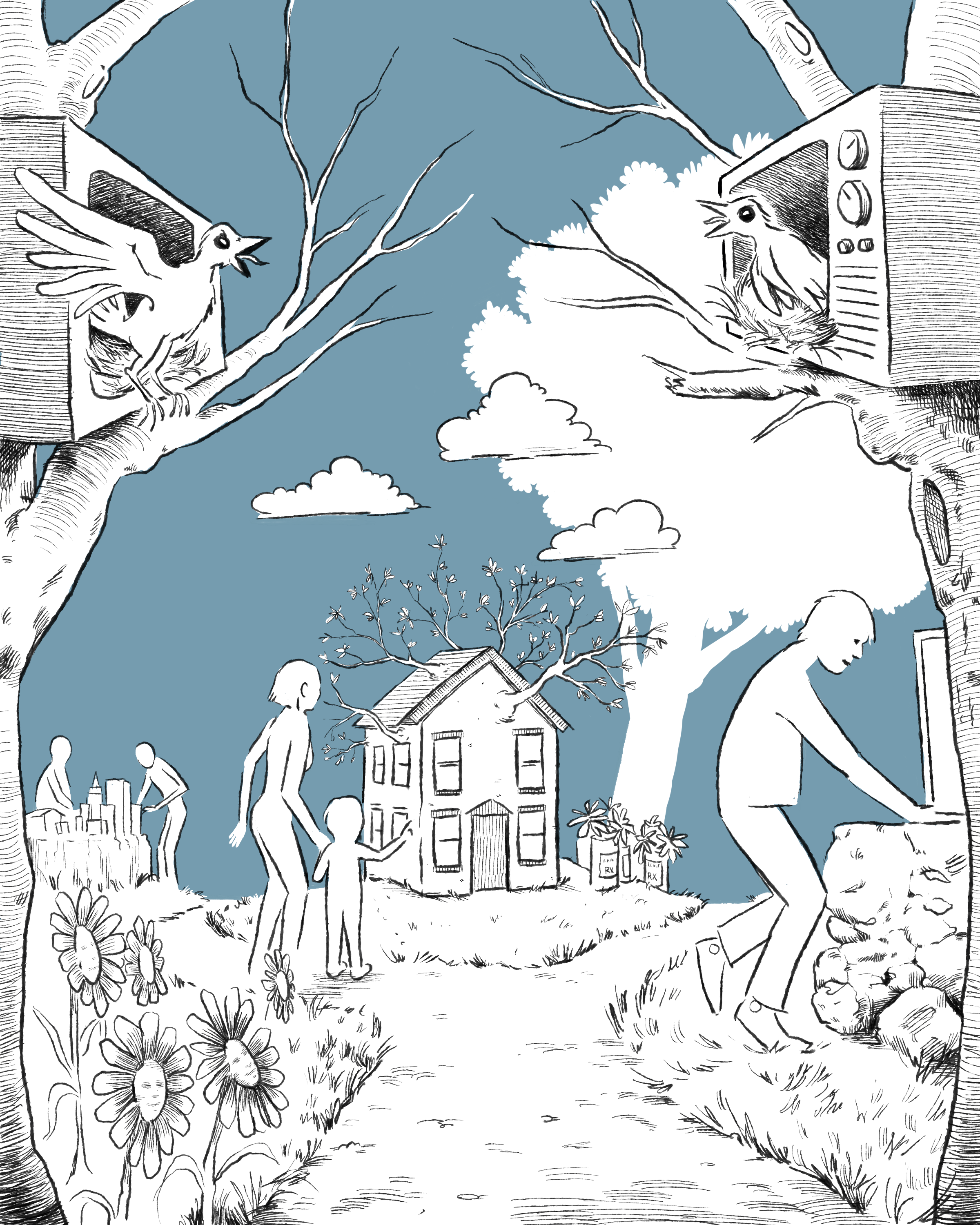 A black and white illustration of a backyard scene with a house, trees, and clouds. Birds are in birdhouses on tree branches, with one singing and another looking out. A man is seated at a piano, and a woman and child are walking hand in hand on a path. Fluffy clouds are in the sky, and flowers are blooming in the foreground.