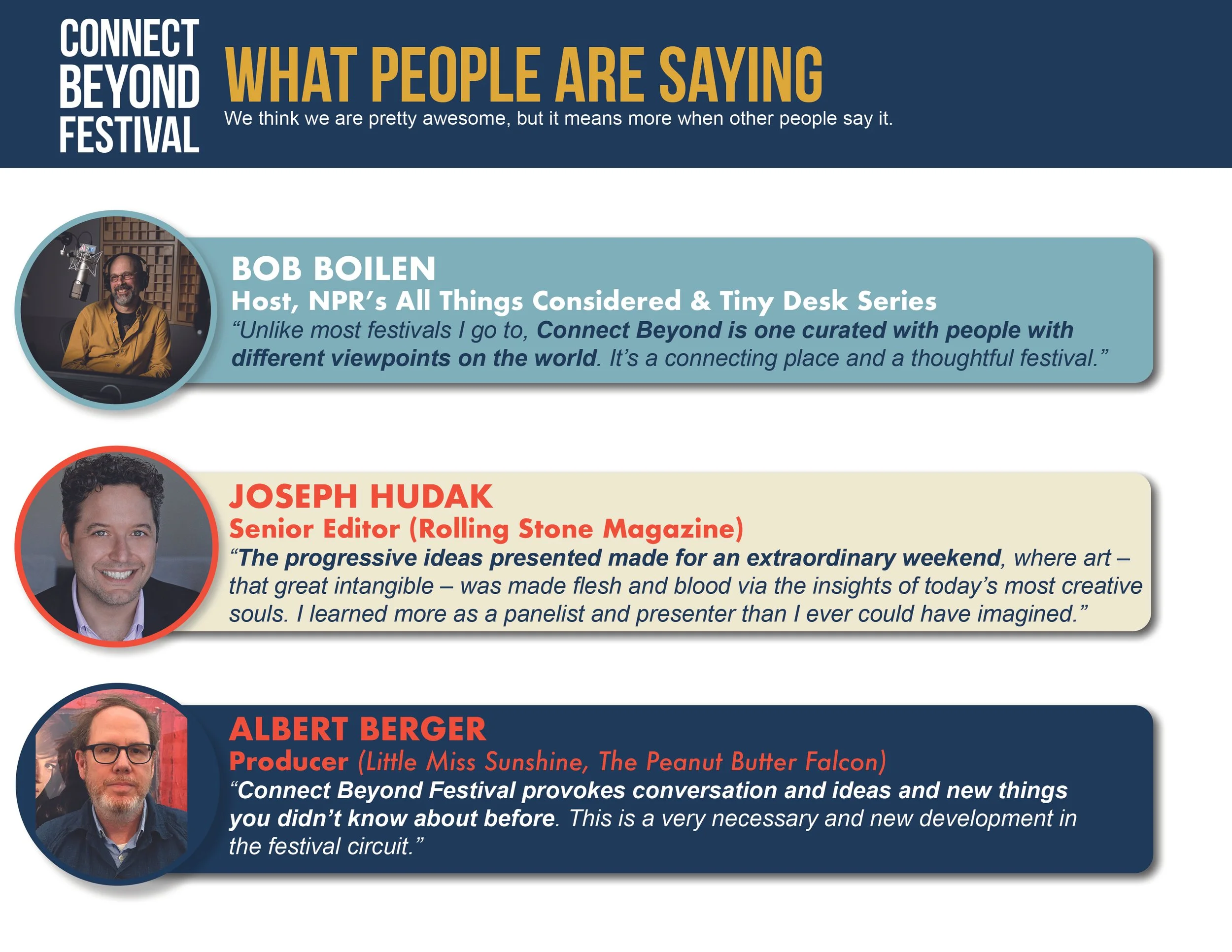 A graphic titled "What People Are Saying" features three speakers at the Connect Beyond Festival, including Bob Boilen, Joseph Hudak, and Albert Berger, each with a photo, name, role, and a quote about the festival.