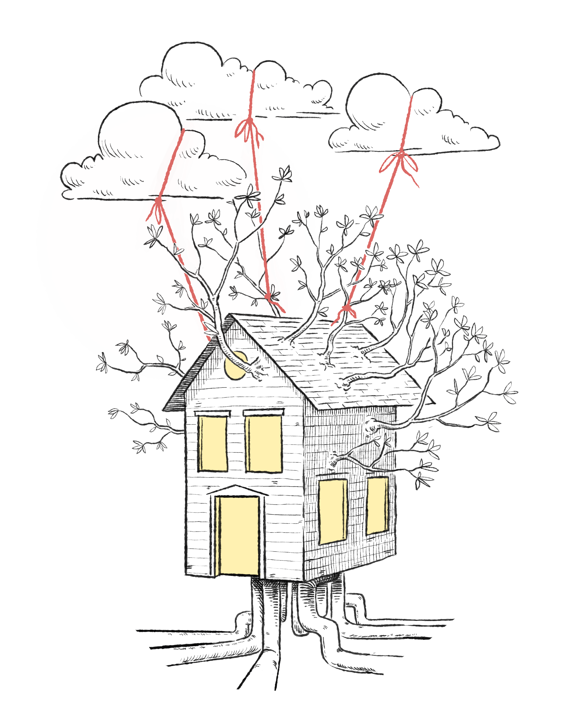 Illustration of a house with tree branches growing from it, clouds, a large red circle in the background, and stylized clouds and geometric shapes.