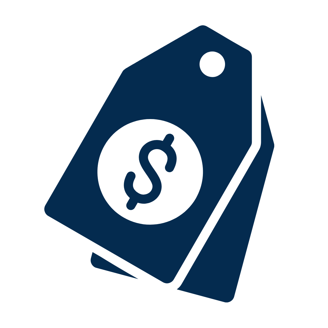 A stylized dark blue dollar sign on a price tag icon.