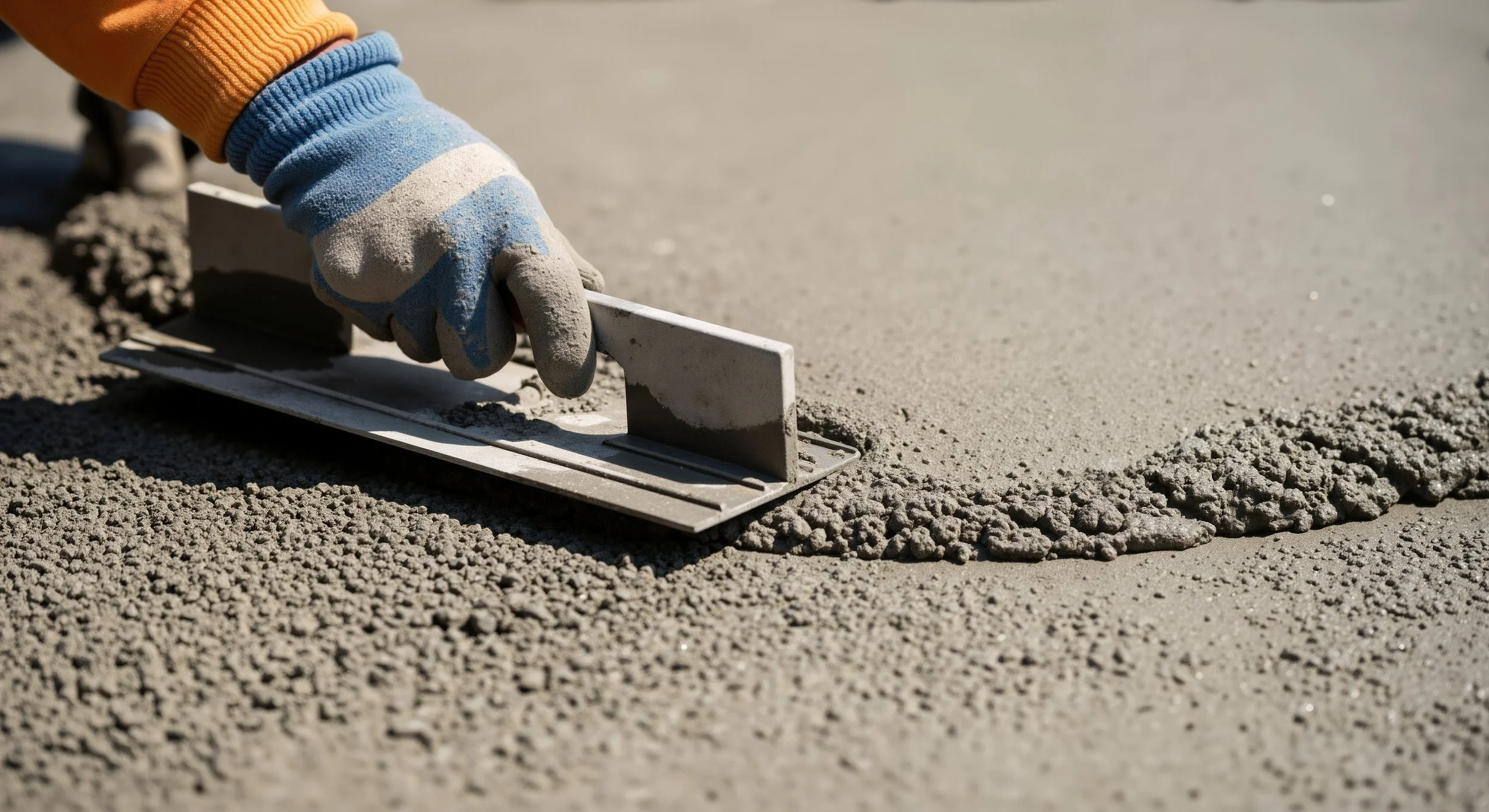 Close-up of a person wearing gloves spreading wet cement with a trowel on a construction site.