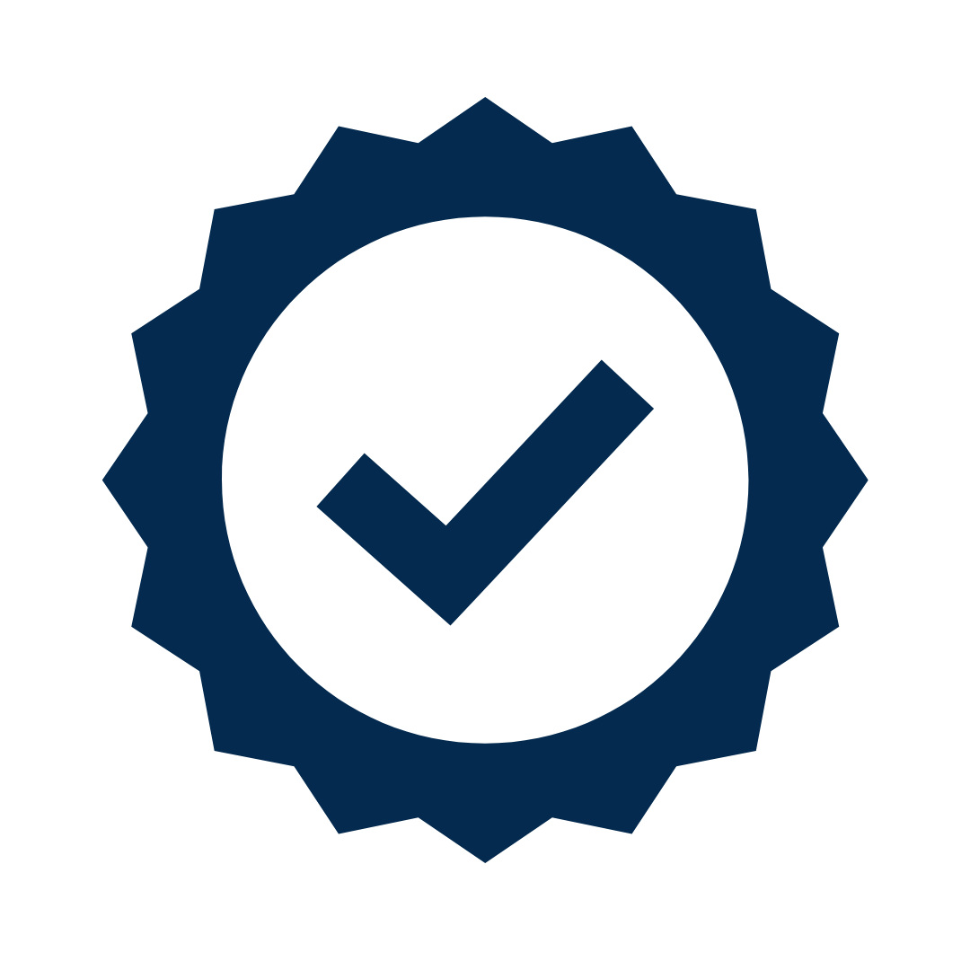 A blue checkmark inside a blue gear-shaped icon on a black background, symbolizing approval or certification.