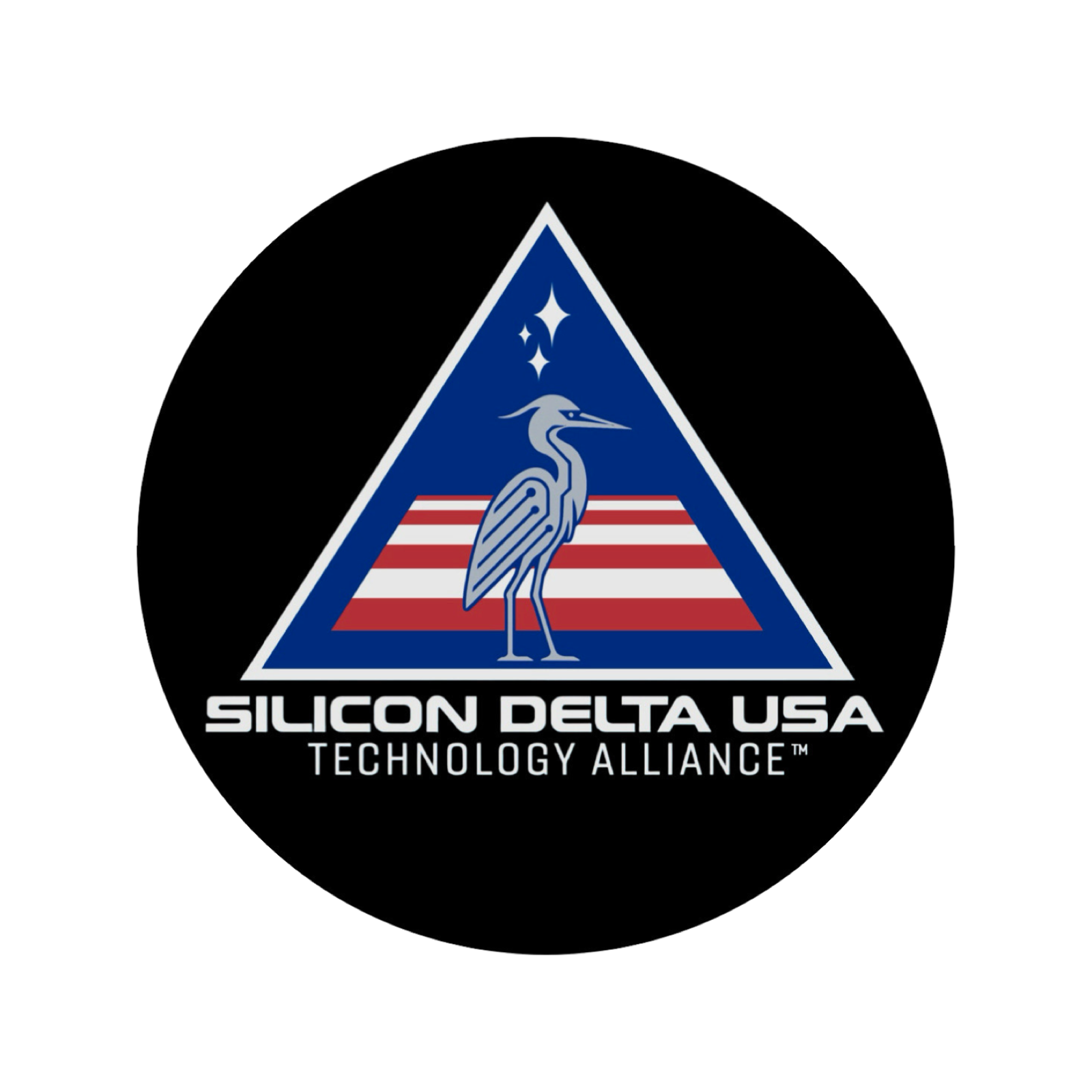 Logo for Silicon Delta USA Technology Alliance featuring a heron standing in front of a triangular background with a stylized American flag pattern and three stars above, with the organization's name below.