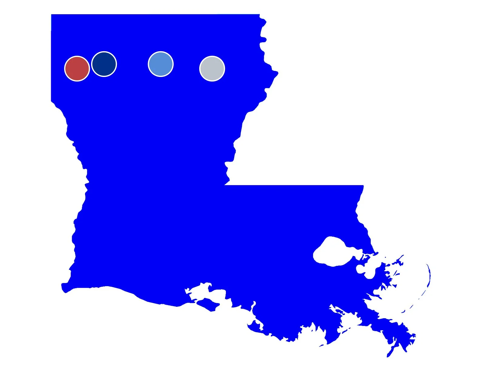 Map of the State of Louisiana with location dots for Shreveport, Bossier City, Ruston, and Monroe