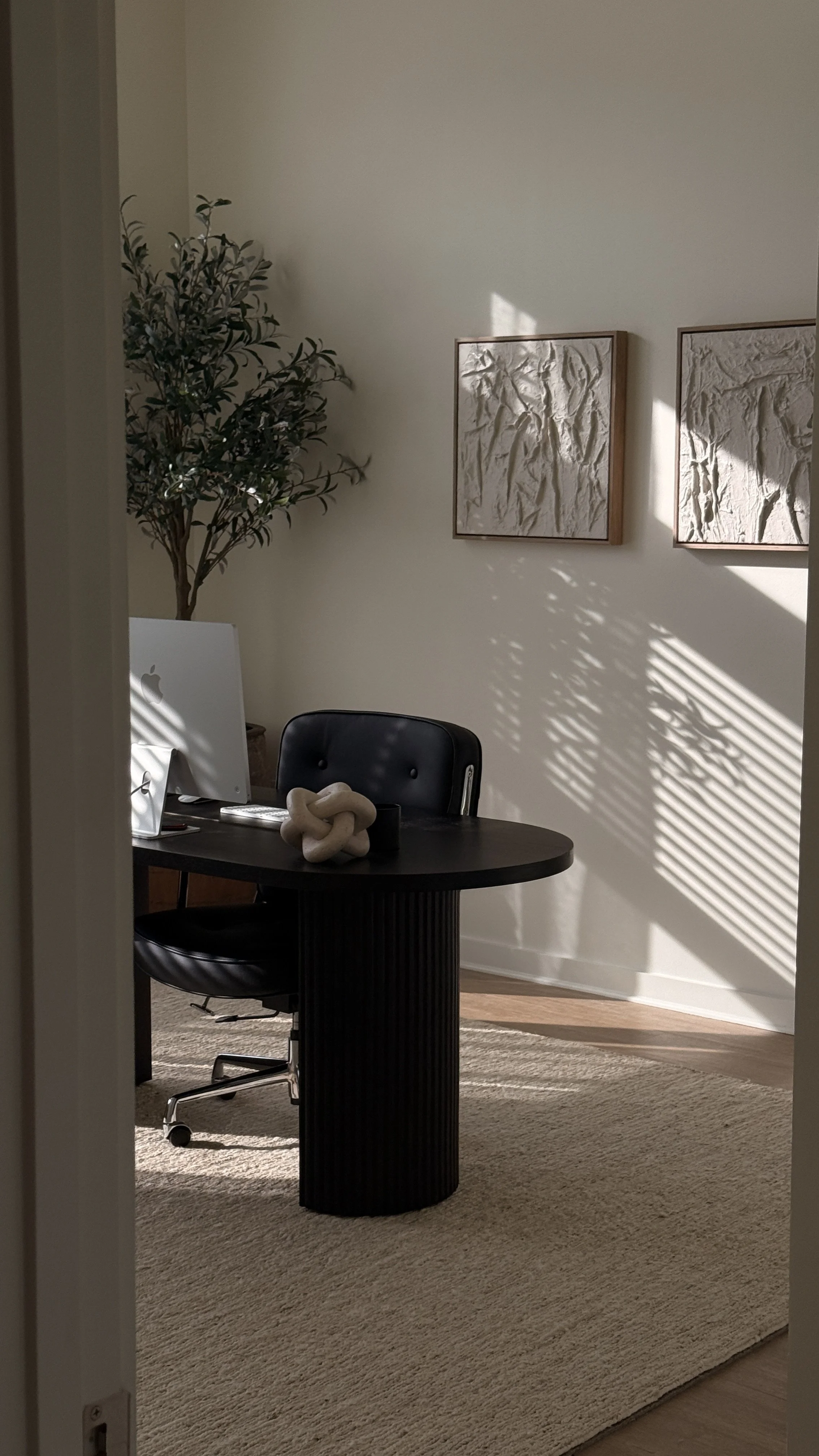 Modern home office with a black desk, black chair, computer, abstract sculpture, artificial plant, and wall art, illuminated by natural sunlight with shadows on the wall.