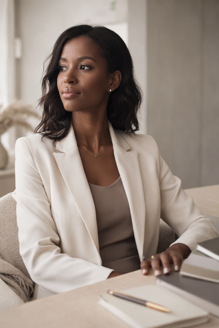 Female consultant in modern office setting, representing strategic leadership and professional brand positioning.