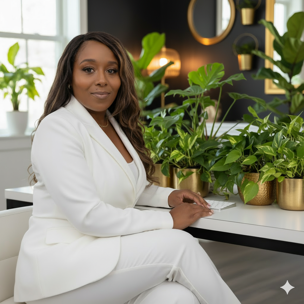 A woman sitting at a desk in a modern office, surrounded by green plants in gold pots, with a dark accent wall and decorative mirrors in the background.