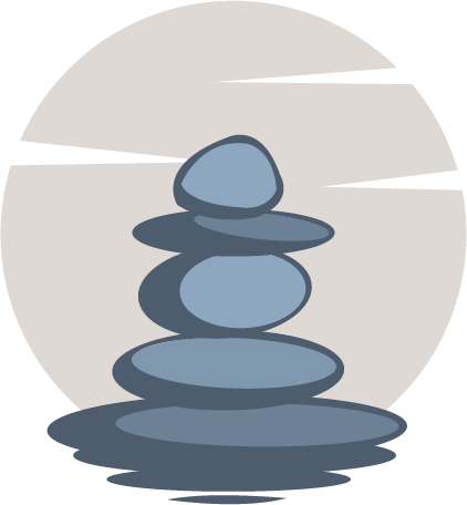 Stacked smooth gray stones in water with ripples and a reflection.