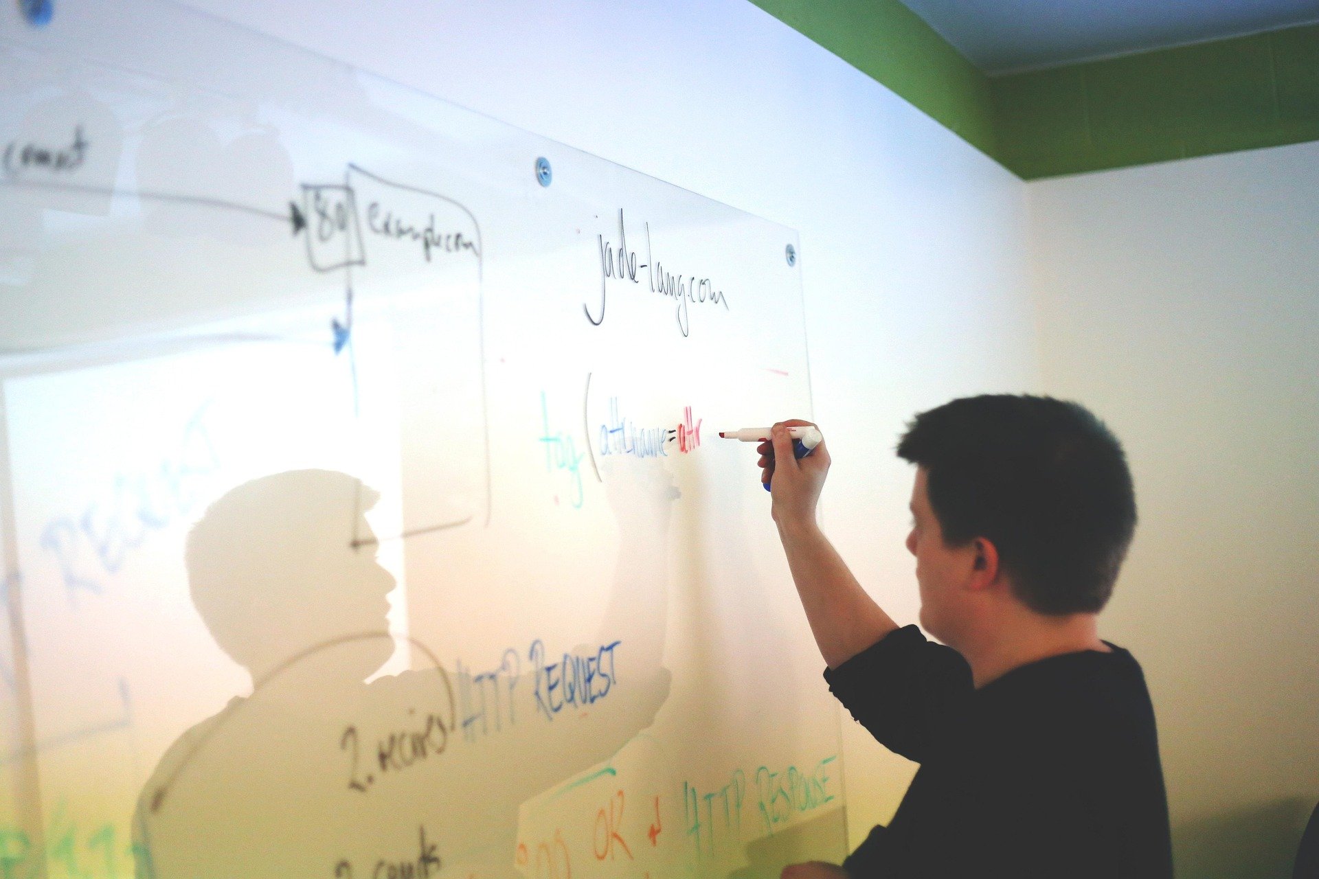 A person writing on a glass whiteboard with a marker, with notes and diagrams on it, and their shadow visible on the surface.