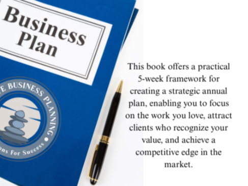 Close-up of a business plan book, a pen, and a text on a white background describing the book's practical framework for creating a strategic annual plan.