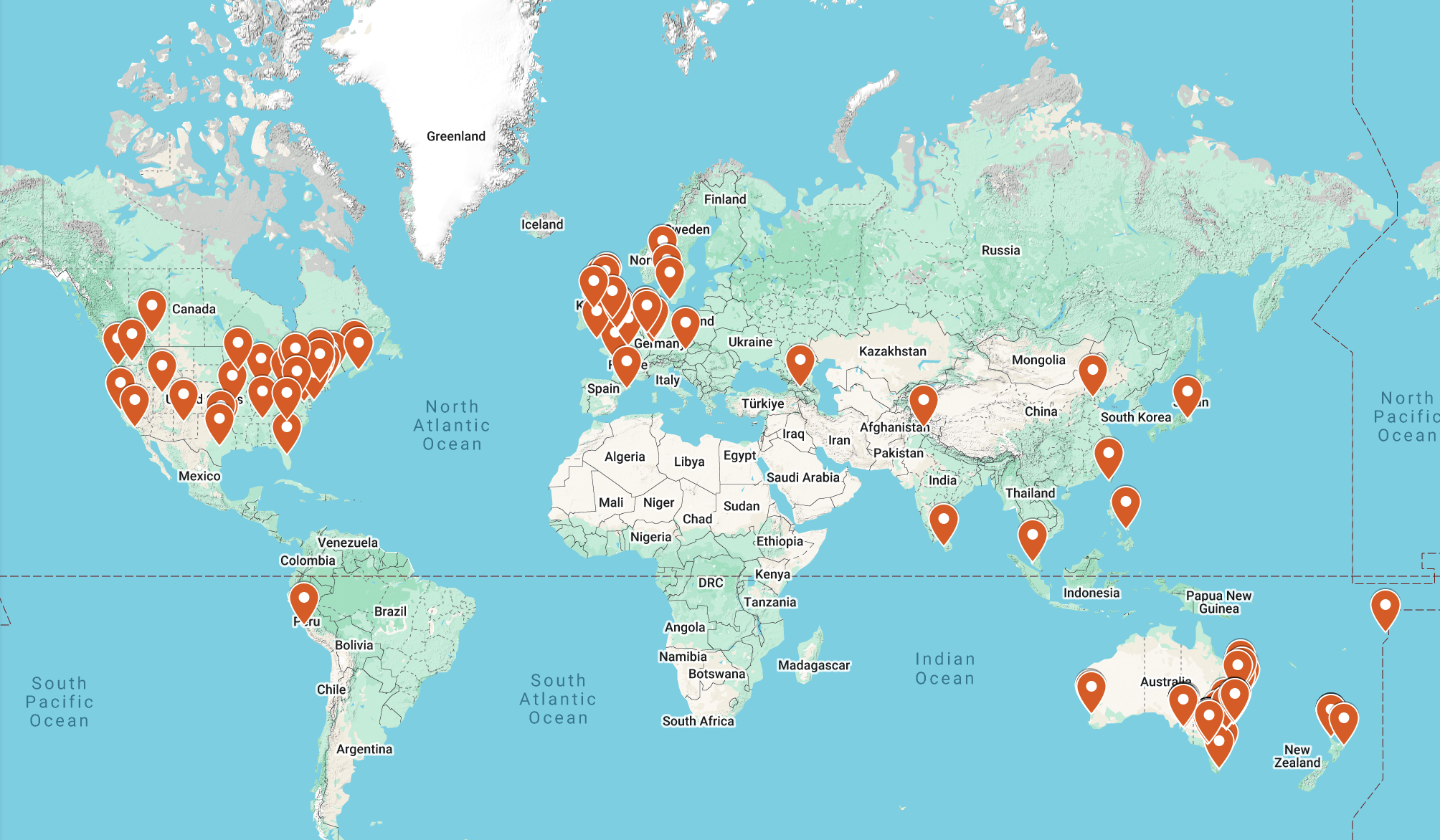 Global map showing locations of students on different continents.