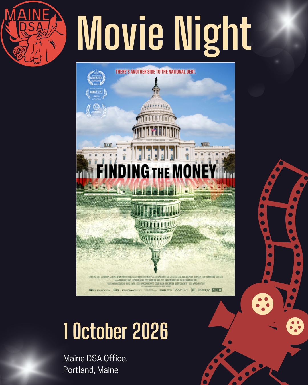 Movie night. Finding the Money. 1 October 2026. Maine DSA Office. Portland, Maine.