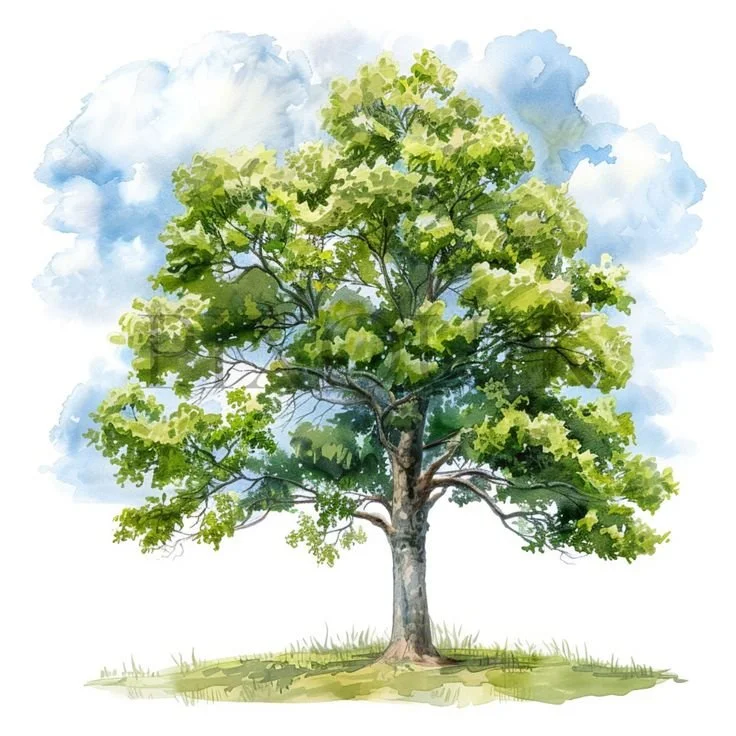 Watercolor painting of a large green-leaved tree on a grassy patch against a cloudy sky.