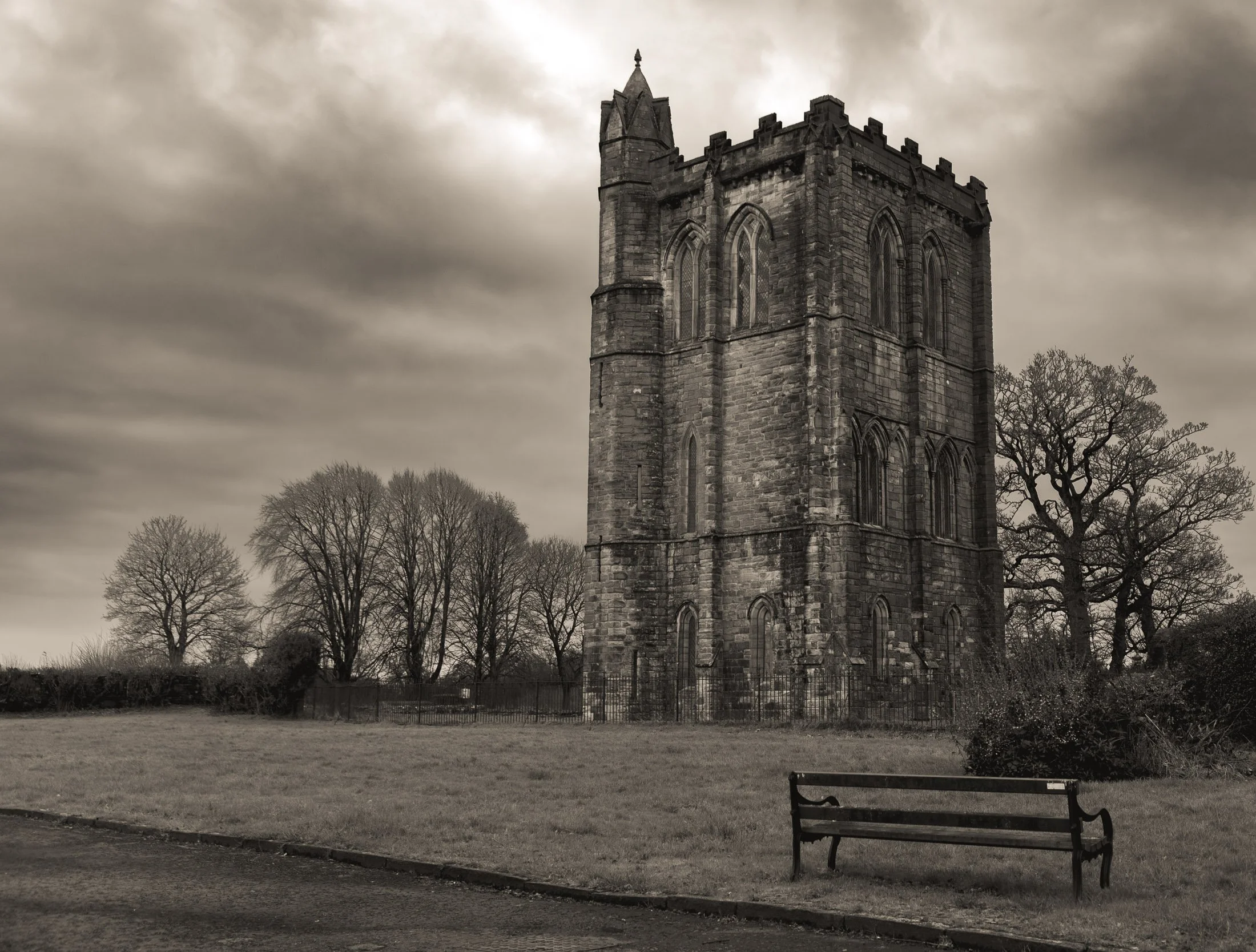 Black and white photograph of Cambuskenneth Abbey in Stirling on an overcast day