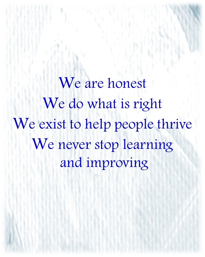 Inspirational quote on textured white background, written in blue text, about honesty, doing what is right, helping others thrive, and continual learning.