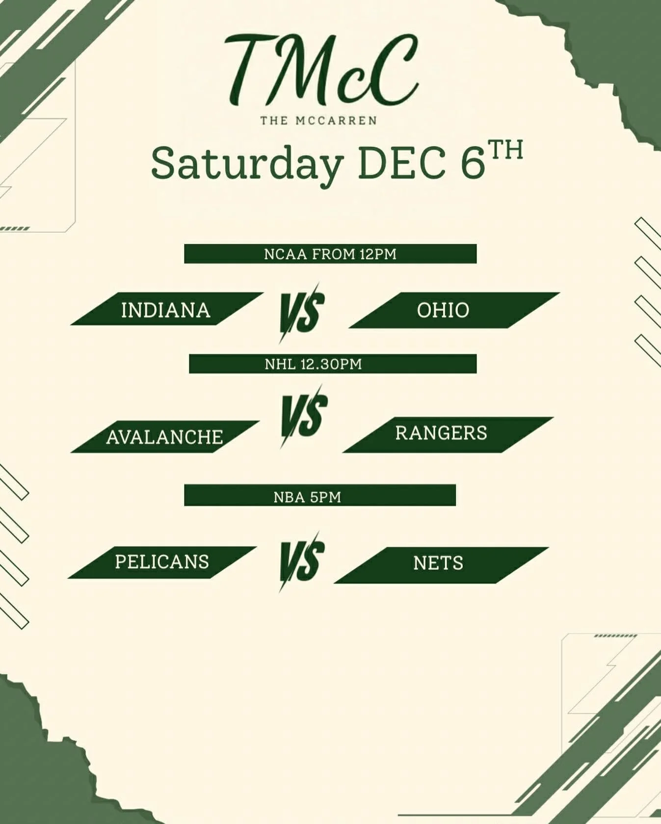 𝚂𝙰𝚃𝚄𝚁𝙳𝙰𝚈𝚂 𝙰𝙲𝚃𝙸𝙾𝙽 𝙿𝙰𝙲𝙺𝙴𝙳 @ 𝖳𝖧𝖤 𝖬𝖢𝖢𝖠𝖱𝖱𝖤𝖭 𝚆𝙸𝚃𝙷 𝚂𝙿𝙾𝚁𝚃𝚂. 𝙾𝙿𝙴𝙽 𝙵𝚁𝙾𝙼 11𝙰𝙼 𝚃𝙸𝙻 𝙻𝙰𝚃𝙴 𝚂𝙷𝙾𝚆𝙸𝙽𝙶 𝙰𝙻𝙻 𝙽𝙲𝙰𝙰 𝙶𝙰𝙼𝙴𝚂 🏈 𝙽𝙷𝙻 🏒 &amp; 𝙽𝙱𝙰 🏀𝖠𝗅𝗌𝗈 𝗉𝗈𝗎𝗋𝗂𝗇𝗀 𝖼𝗋𝖾𝖺𝗆𝗒 𝗉𝗂𝗇𝗍