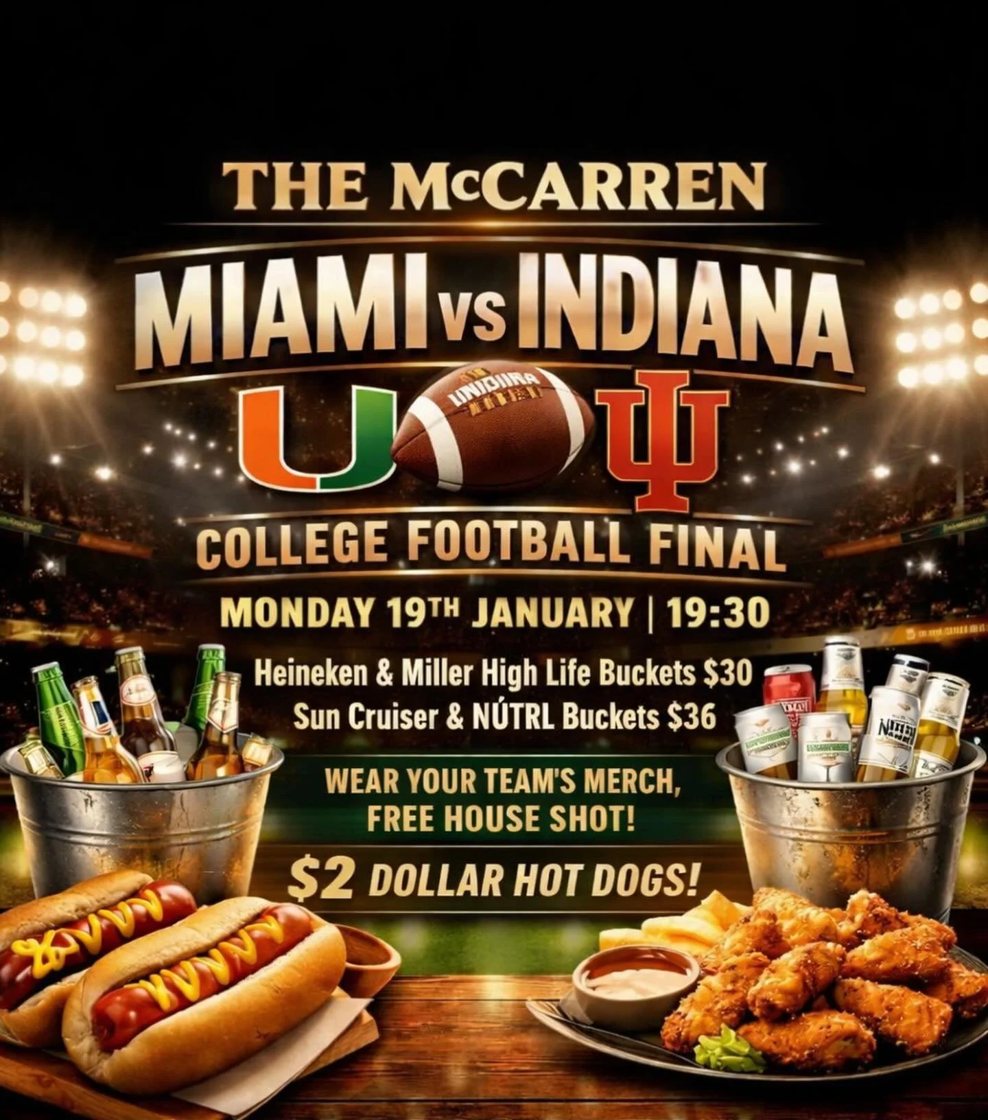 TONIGHT!! The college football final between Miami and Indiana 🏈
We&rsquo;ve got drink promos, $2 hot dogs and a special game night menu!
Also the chance to win a $100 bar tab on the night 🍻
#themccarren