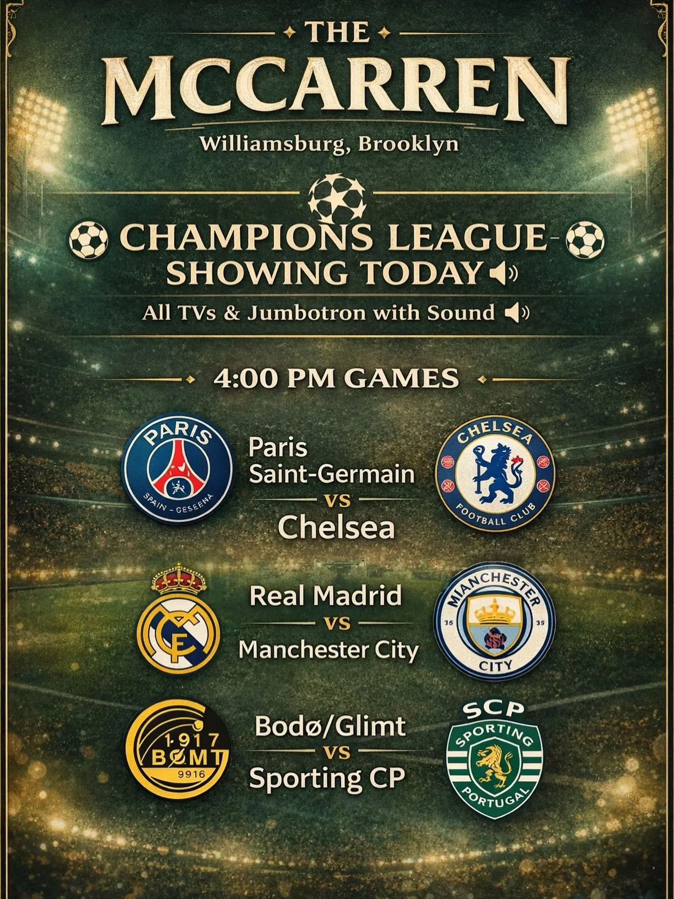 Today we have Champions League on. We open at 3pm Come spent your Wednesday with us ⚽️ 🍺🍹