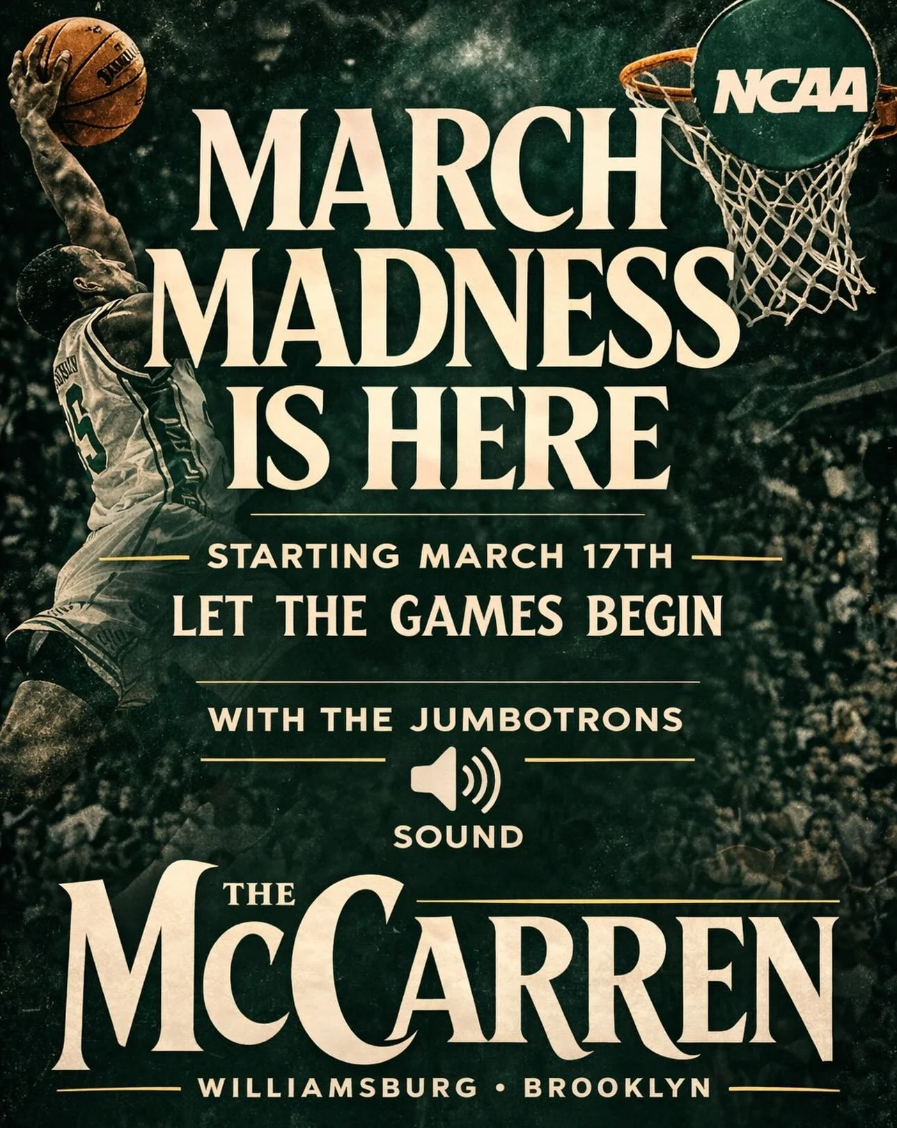 March Madness is here and we are all ready to go at The Mccarren , Selection Sunday begins today be sure to stop by pull up a chair and join us 🏀🍻