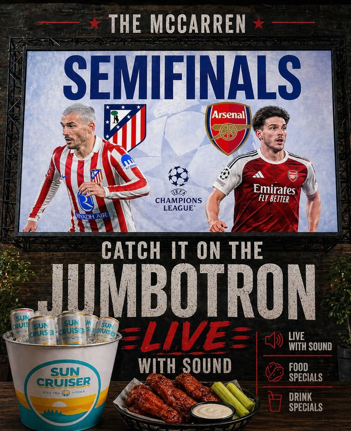 ⚽️ SEMIFINALS AT THE MCCARREN ⚽️

Catch it LIVE on the JUMBOTRON 🔊
Sound ON, pints flowing 🍻
🔥 Wings flying out
🧊 Ice-cold Sun Cruisers ready
🍔 Food &amp; drink specials all game

Pull up, grab a spot, and don&rsquo;t miss a second.