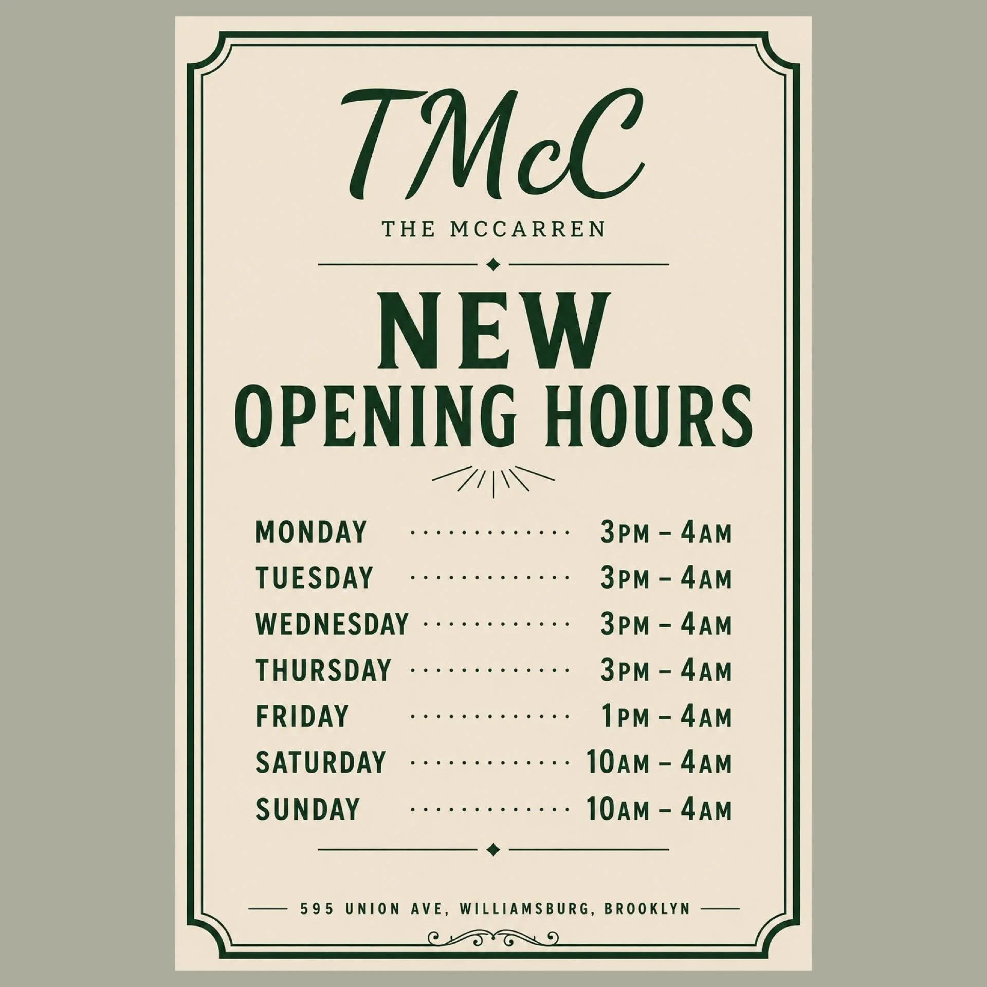 📢 NEW OPENING HOURS AT THE McCARREN 🍻
 Whether you&rsquo;re joining us for a late-night pint, weekend brunch, or the big game, we&rsquo;ve got you covered.

📍 595 Union Ave, Williamsburg, Brooklyn