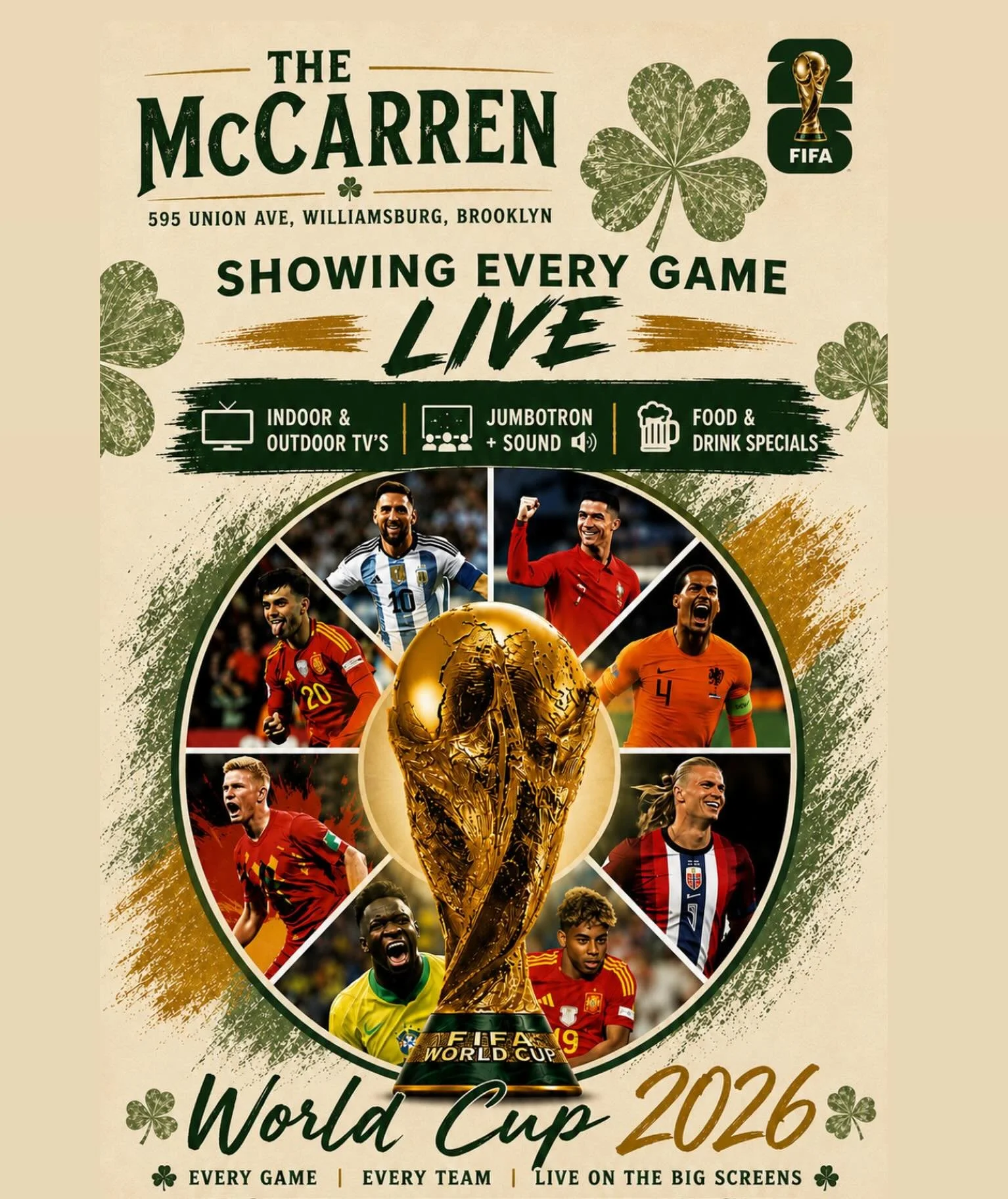 ⚽🌎 FIFA World Cup at The McCarren 🌎⚽

The biggest tournament in the world is here, and there&rsquo;s no better place to watch it than The McCarren! 

📺 Every match shown LIVE on all TVs inside and outside 
🔊 Full sound for every big game
🍺 Cold 