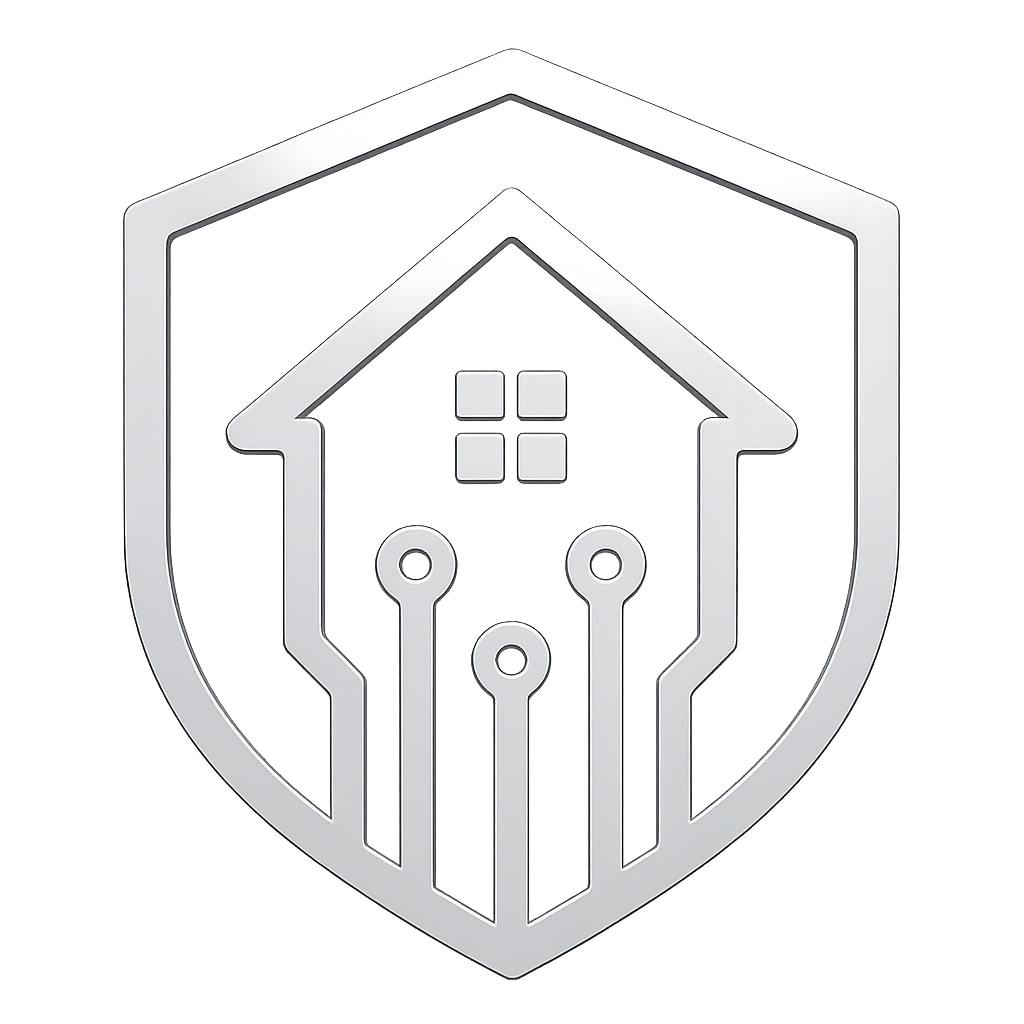 A metallic shield emblem featuring a house with a roof, four window panes, and circuit lines extending downward, symbolizing home automation or smart home technology.