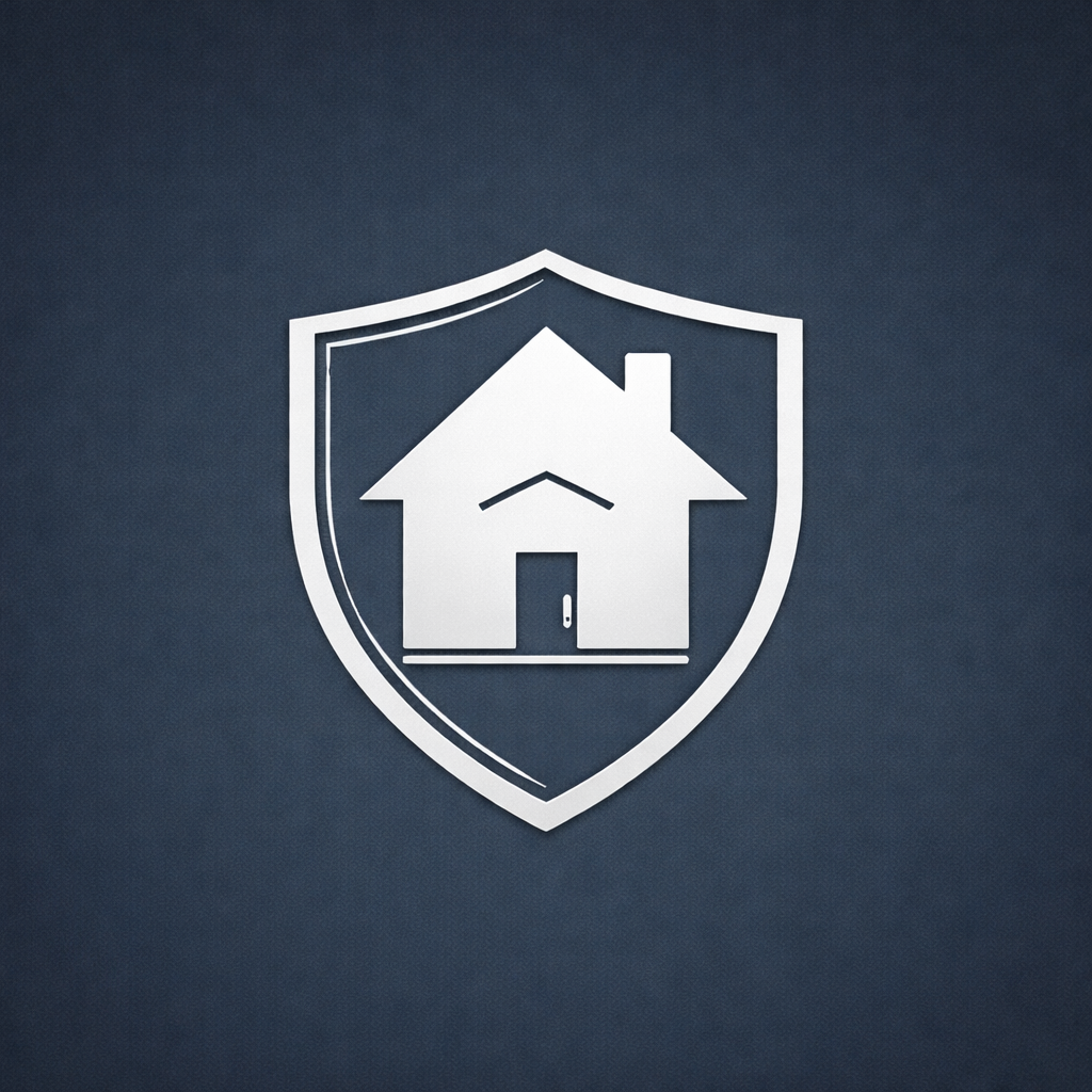A white house icon inside a shield emblem on a dark background.