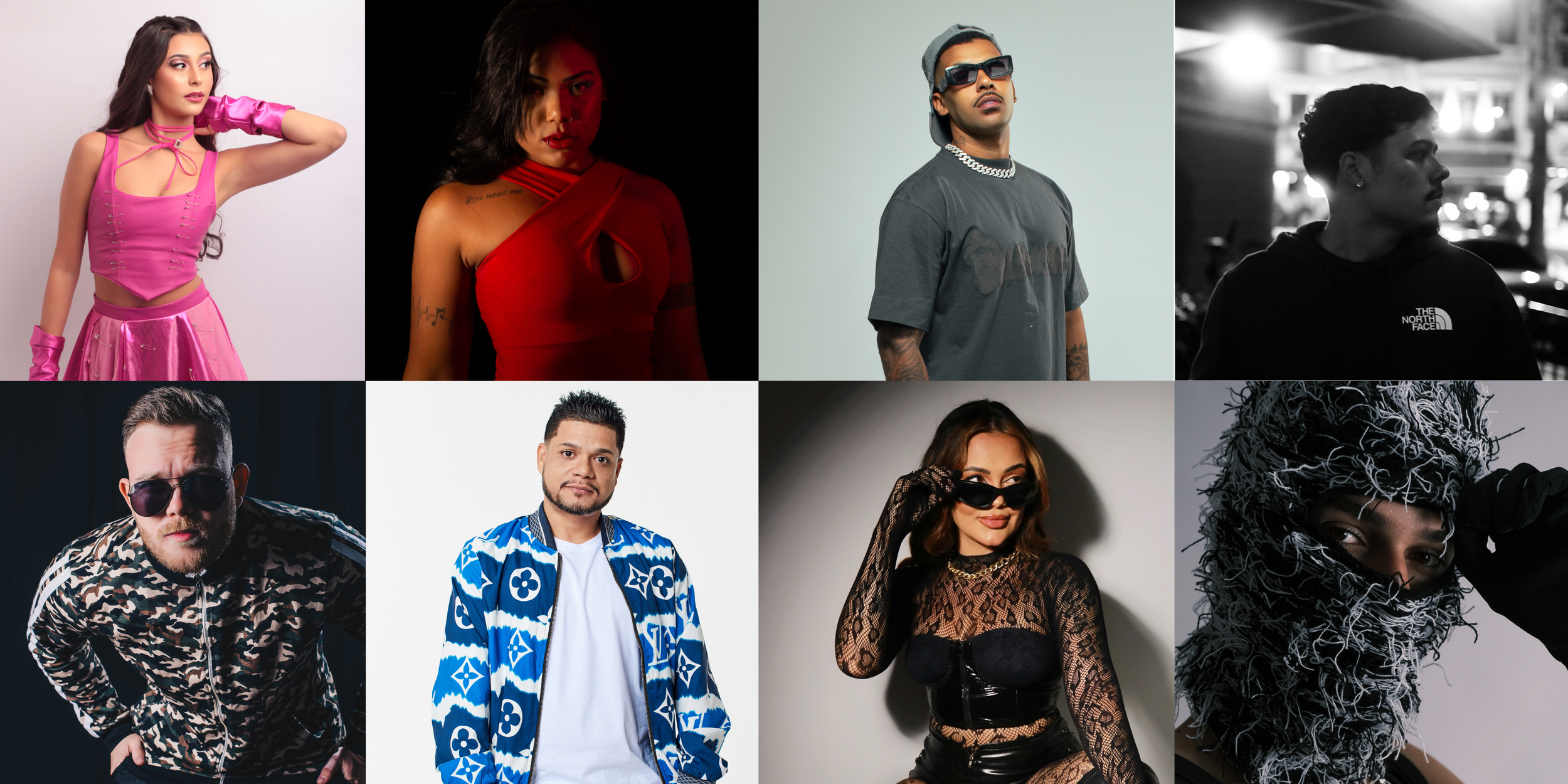 Coleção de oito pessoas com roupas modernas e estilos variados, algumas com acessórios de moda, em ambientes internos e externos, incluindo moda streetwear, casual, fashion e com elementos de distinção.