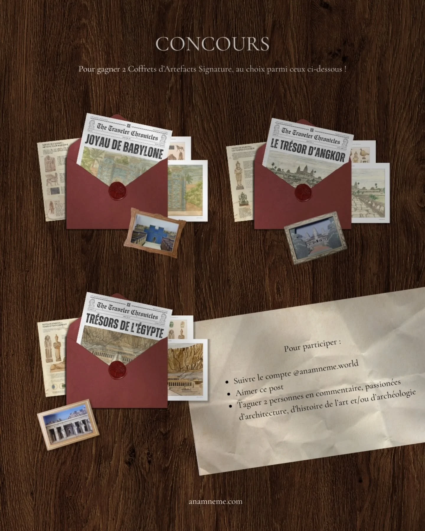 [Concours]

Pour tenter de gagner 2 Coffrets d&rsquo;Artefacts au choix parmi cette s&eacute;lection : 

🏺 1. Suivre @anamneme.world 
🌻 2. Aimer ce post
🗿 3. Taguer 2 personnes en commentaire

Le Coffret d&rsquo;Artefacts est un snail mail, o&ugra