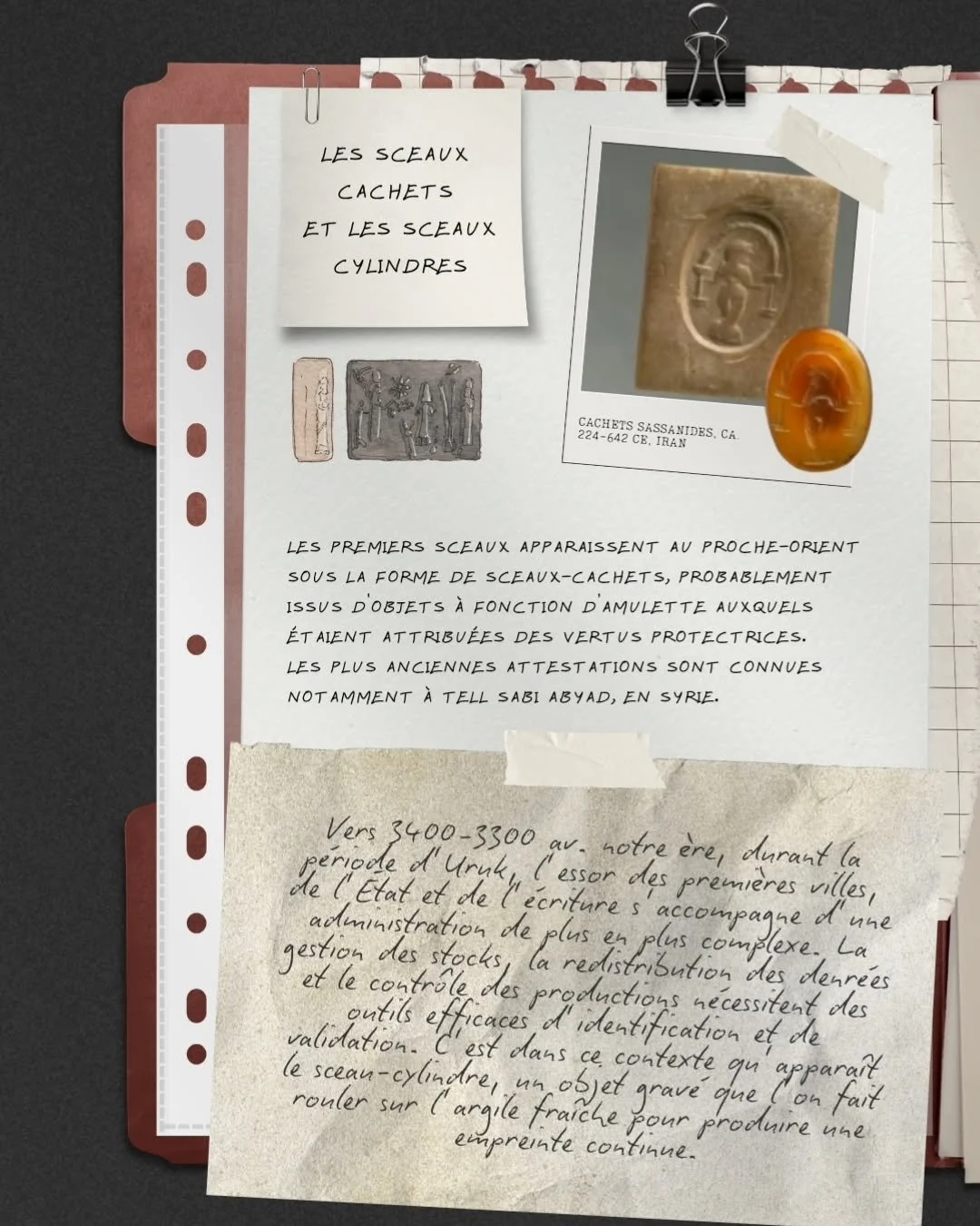 [Coffrets d&rsquo;Artefacts]

Ouvrez ce dossier de notes illustr&eacute;es et d&eacute;couvrez les histoires derri&egrave;re les sceaux cachets et les sceaux cylindres ✍️