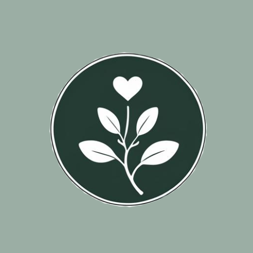 A logo with a black circle featuring a white plant with leaves and a heart shape above the plant.