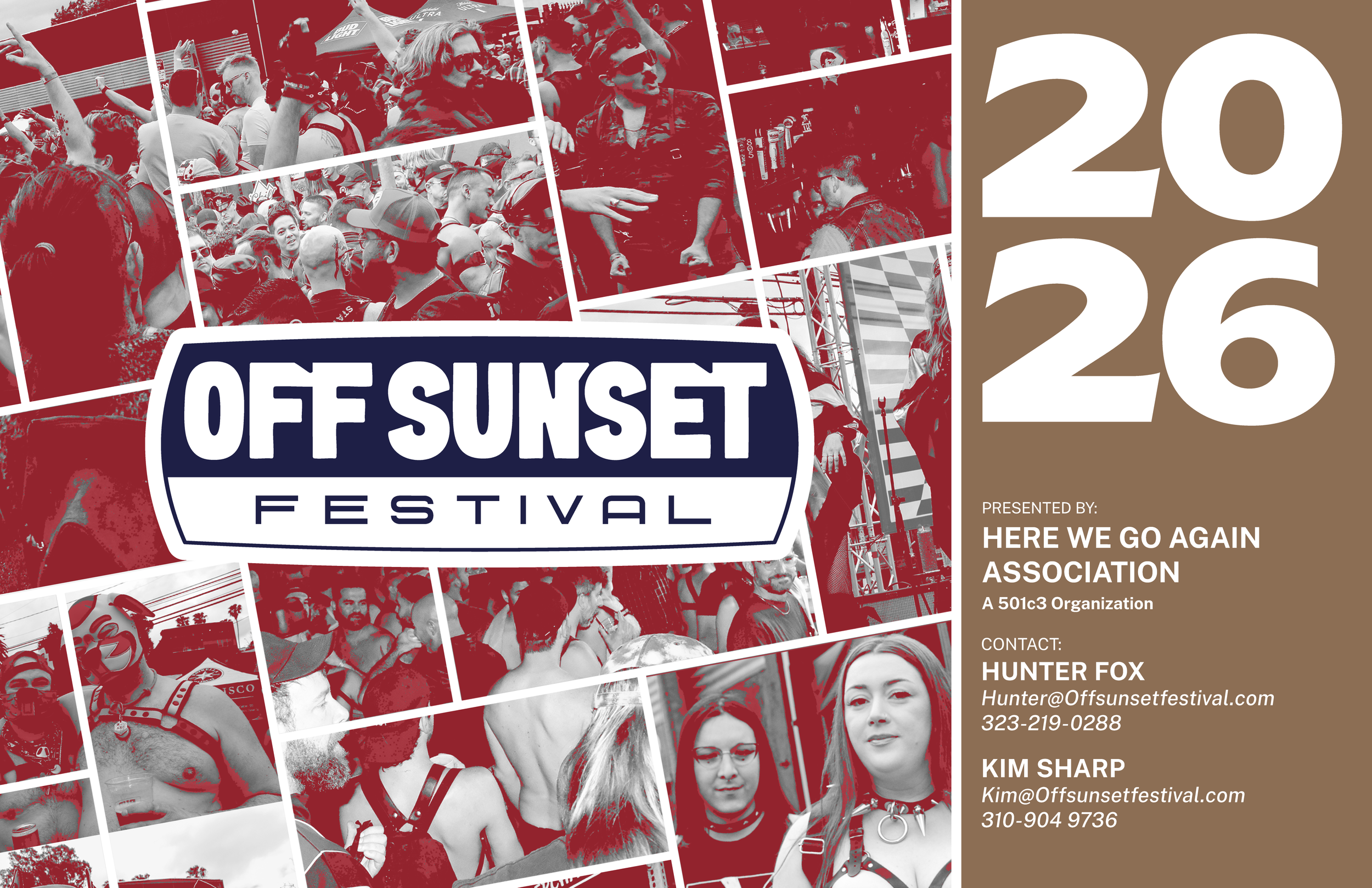 Collage of photos featuring people at the Off Sunset Festival, with a brown background on the right side displaying the event dates, 20-26, and contact information for organizers Hunter Fox and Kim Sharp.