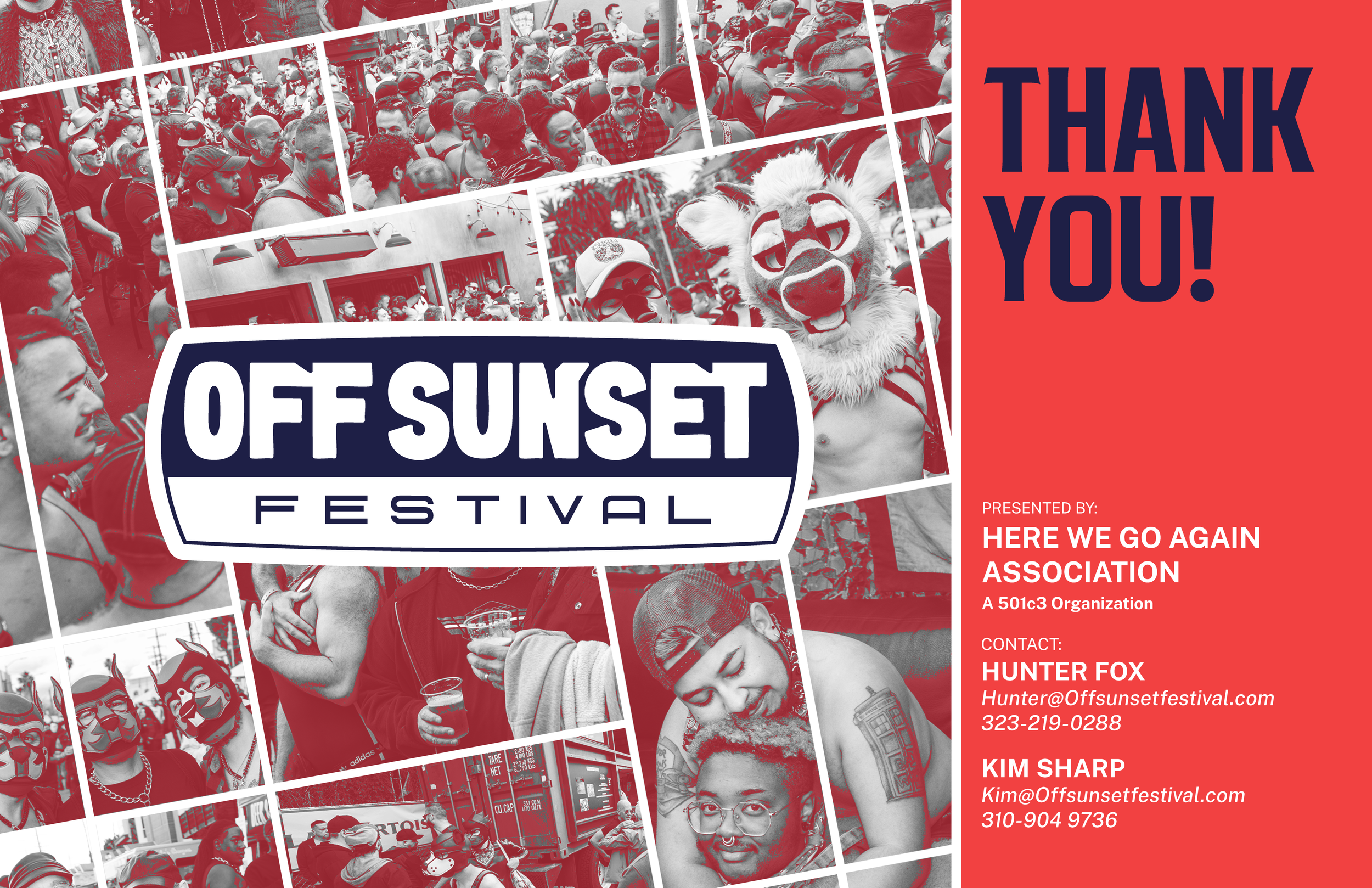 Collage of photos from the Off Sunset Festival, featuring crowds, people in costumes including a lion mascot, and festival activities. The right side thanks attendees, with contact information for organizers Hunter Fox and Kim Sharp.
