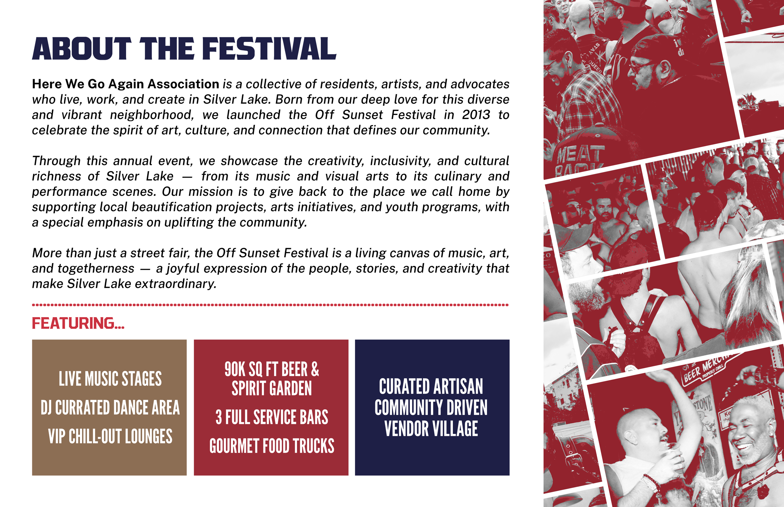 A festival brochure with an introductory text about the Off Sunset Festival, featuring an image collage on the right side showing scenes of diverse people enjoying live music, food, and community activities in Silver Lake.