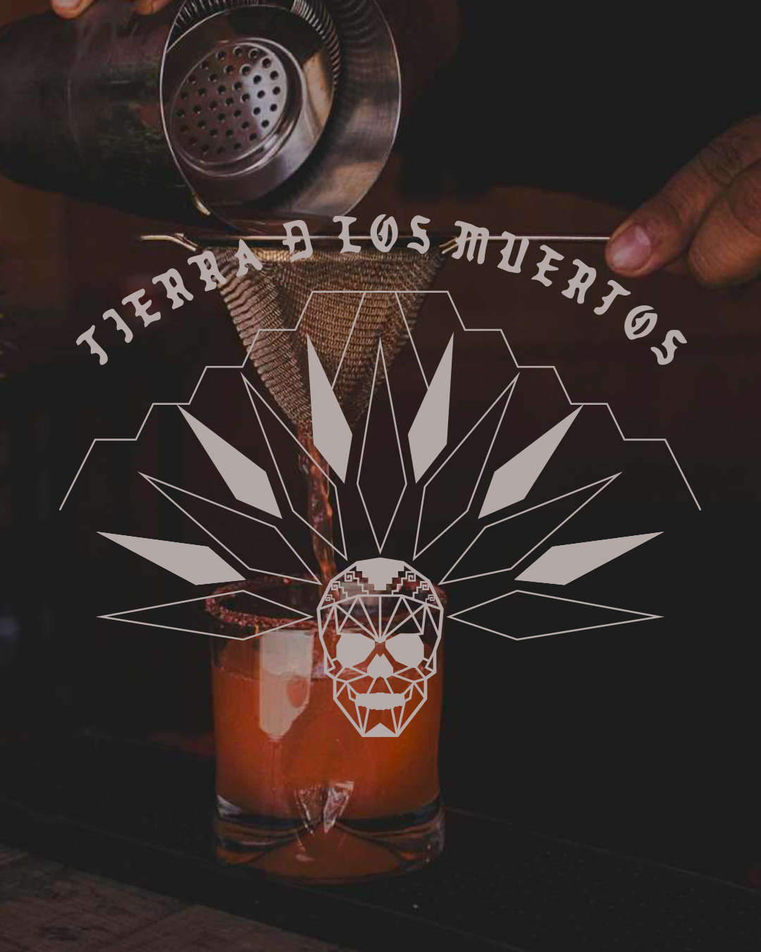 A bartender pours a drink through a metal mesh strainer into a glass, with an overlay of a geometric skull and the text "Tier 105 Murrows" in a curved arc.