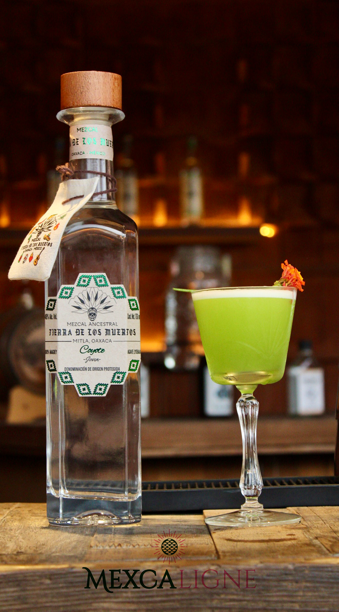 A bottle of Mezcal Ancestral Tierra de los Muertos and a green cocktail with a garnish on a bar counter