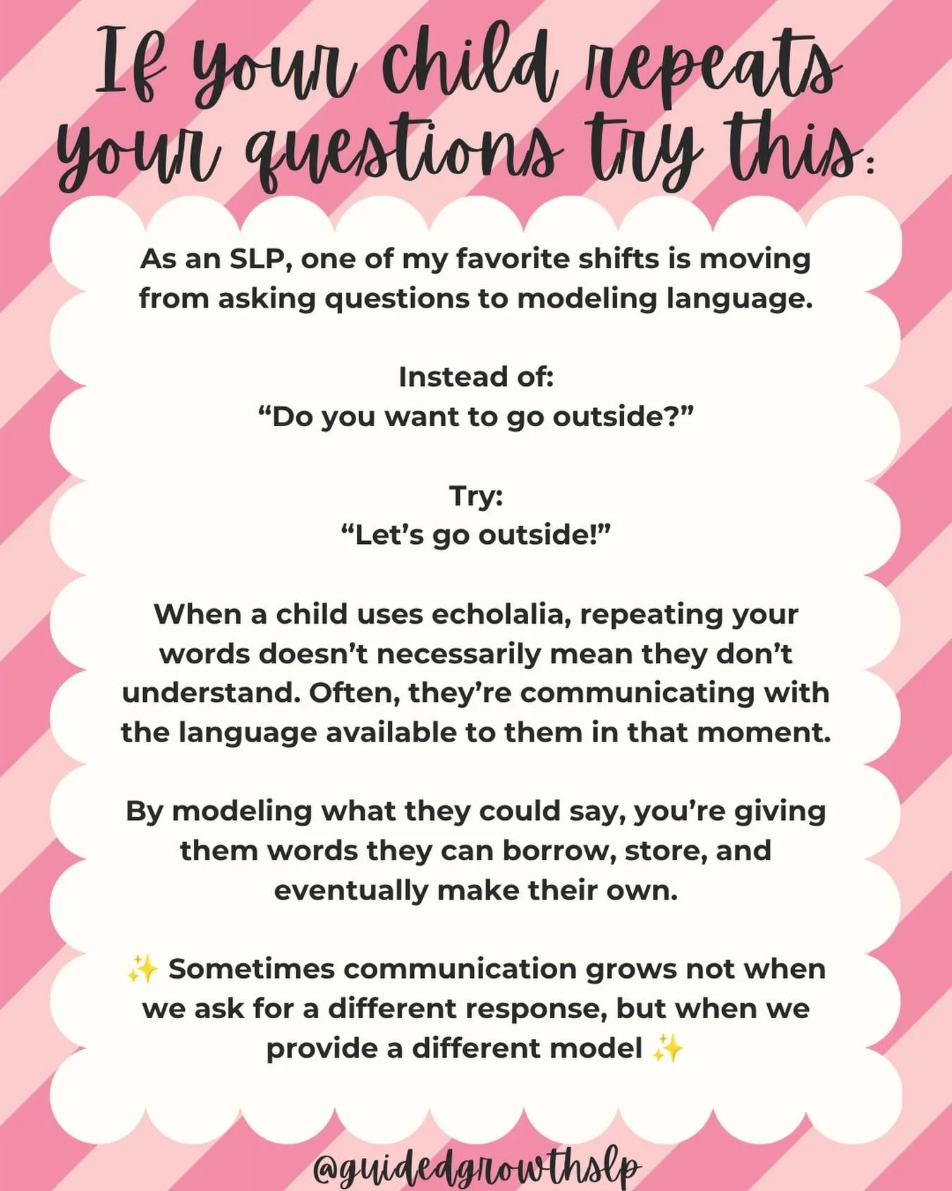 When a child uses echolalia, they may be processing language, participating in the interaction, or communicating with the words available to them in that moment.

Instead of asking questions, try modeling what they could say from their own perspectiv