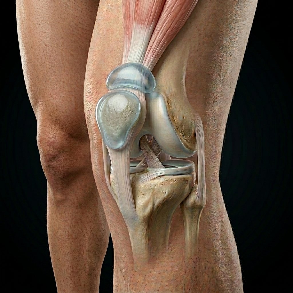 An anatomical illustration of a human knee joint, showing bones, ligaments, and cartilage, with a focus on the knee's internal structure.