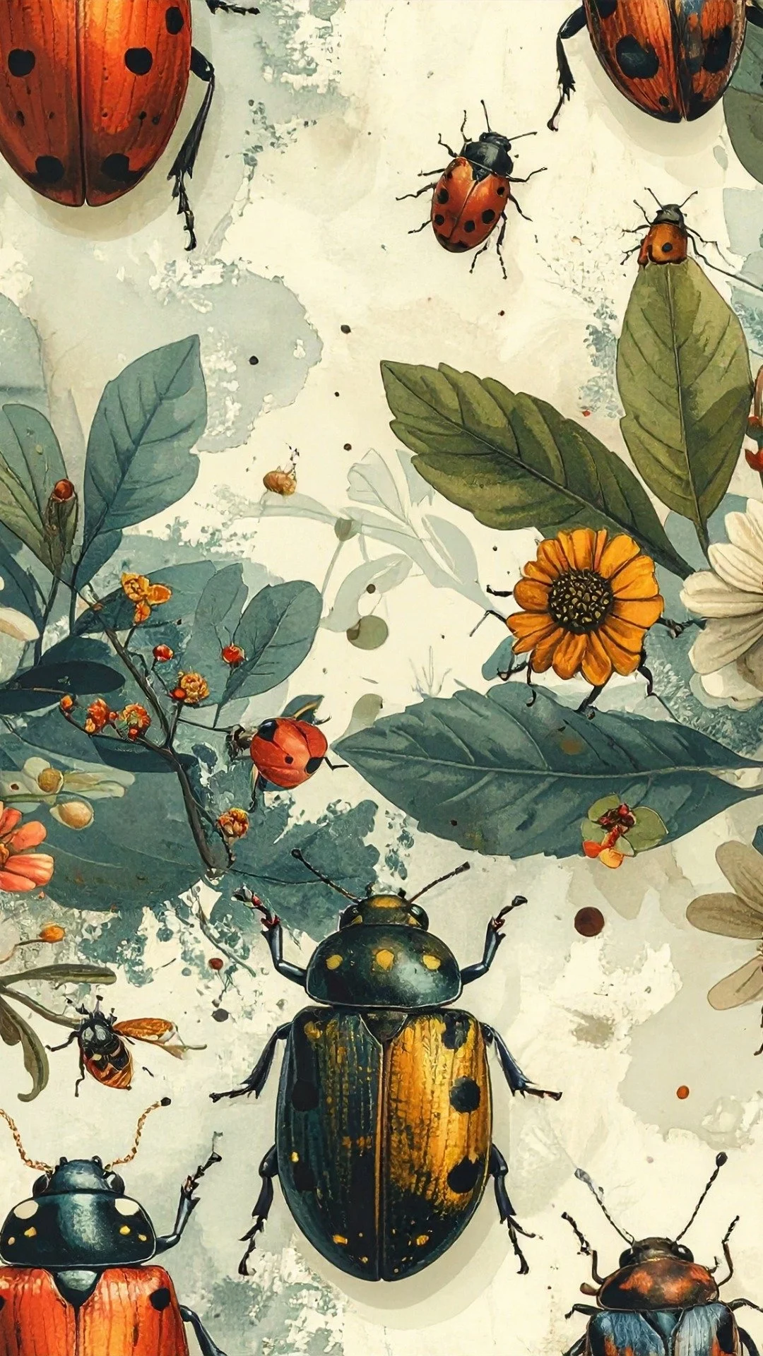 Illustration of various insects, including ladybugs, beetles, and bees among leaves and flowers.