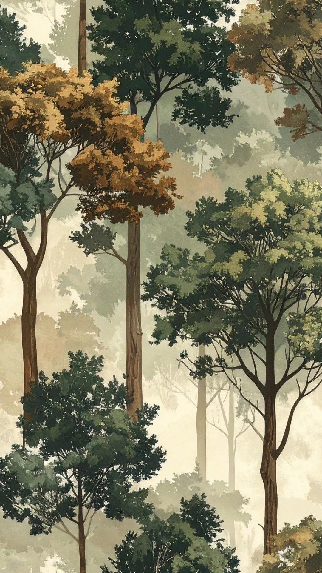 A painting of a forest scene with multiple trees of various sizes and colors, with some mist or fog in the background and a greenish hue overall.