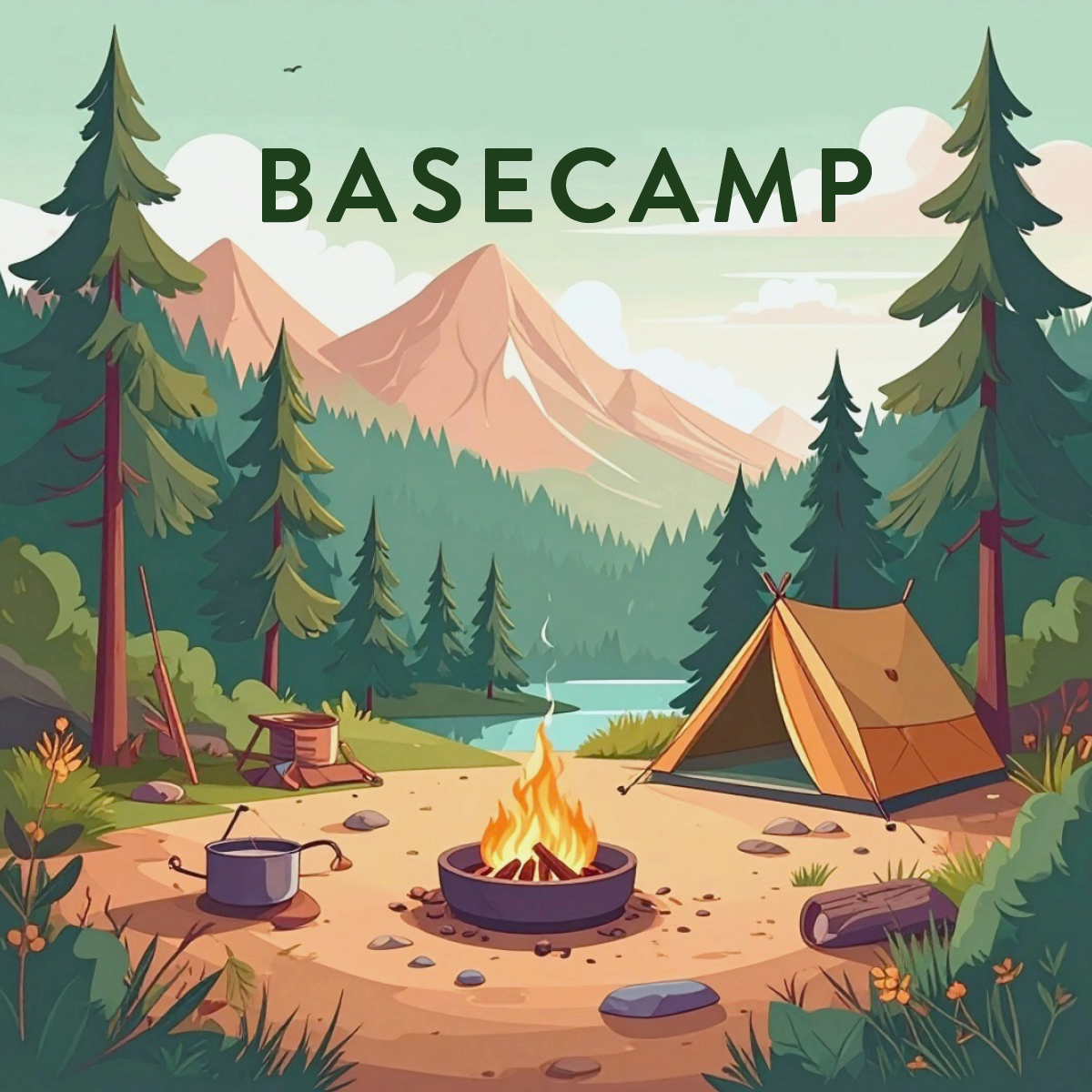 Illustration of a camping scene with a tent, campfire, trees, mountains, and a lake, labeled 'Basecamp'.