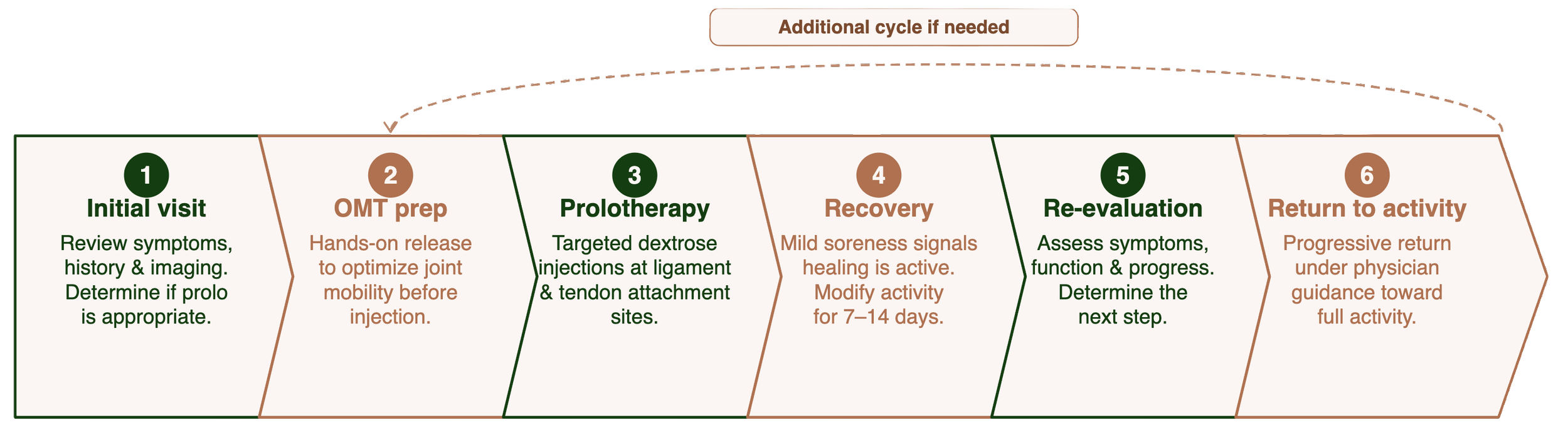 Flowchart illustrating a six-step process: 1. Initial visit, reviewing symptoms and history; 2. OMT prep with hand-on joint mobility; 3. Prolotherapy with targeted injections; 4. Recovery with mild soreness signals; 5. Re-evaluation of symptoms and progress; 6. Return to activity with progressive return under guidance.