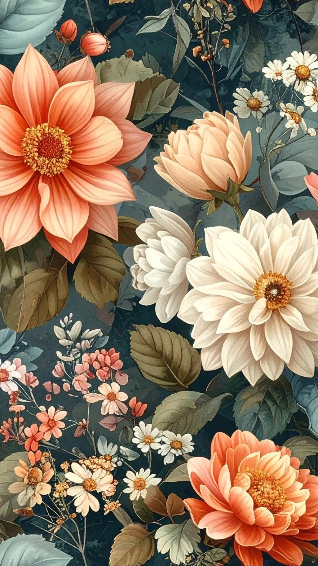 Various large, peach and white flowers with green leaves against a dark background.