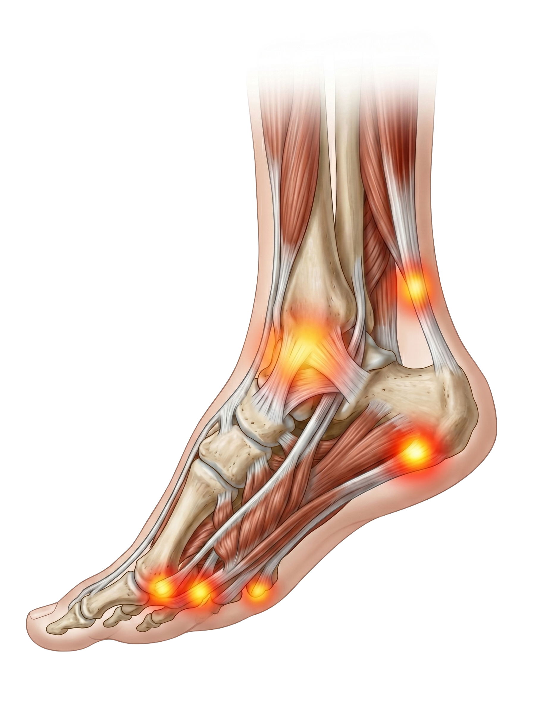 An anatomical illustration of a human foot showing muscles, tendons, and bones with areas of inflammation or pain highlighted in yellow and red.