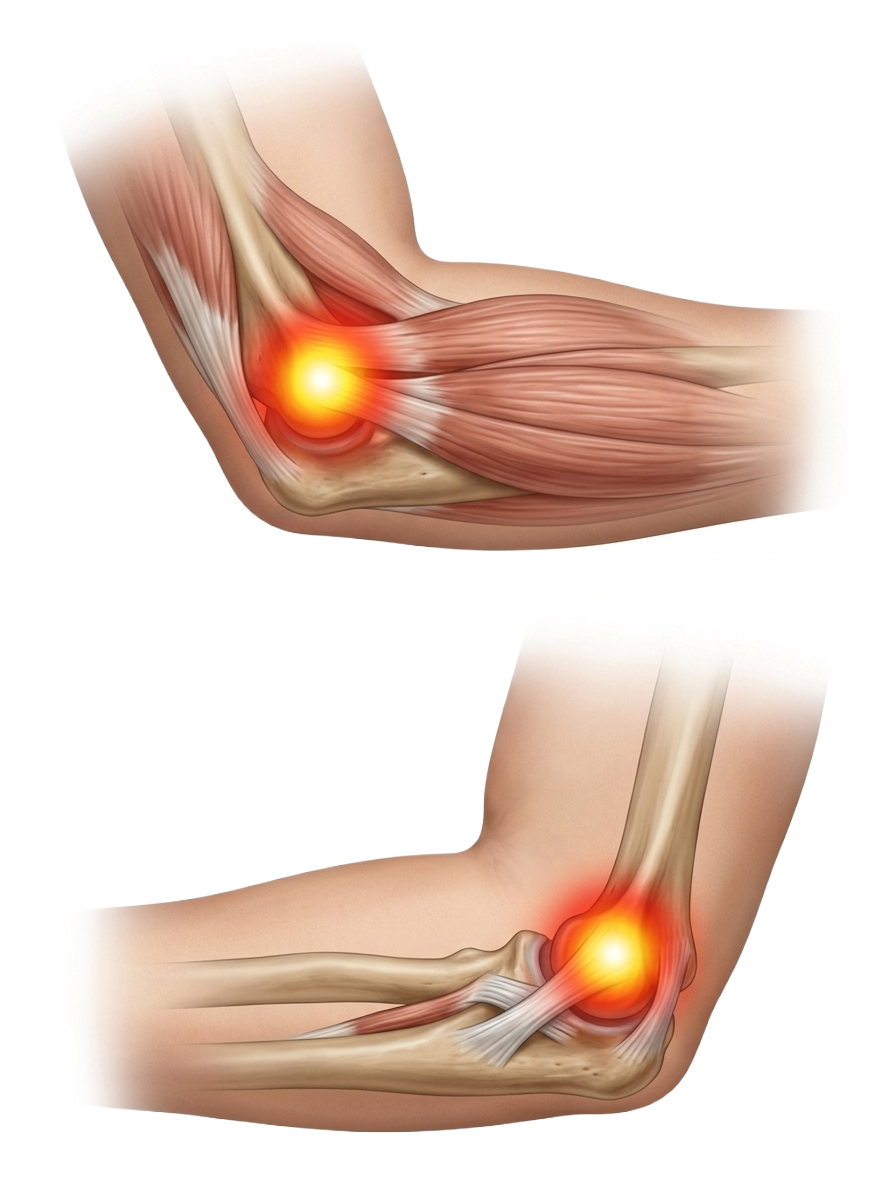 Illustration of a human elbow and shoulder showing areas of pain or inflammation with glowing red spots at the joints.